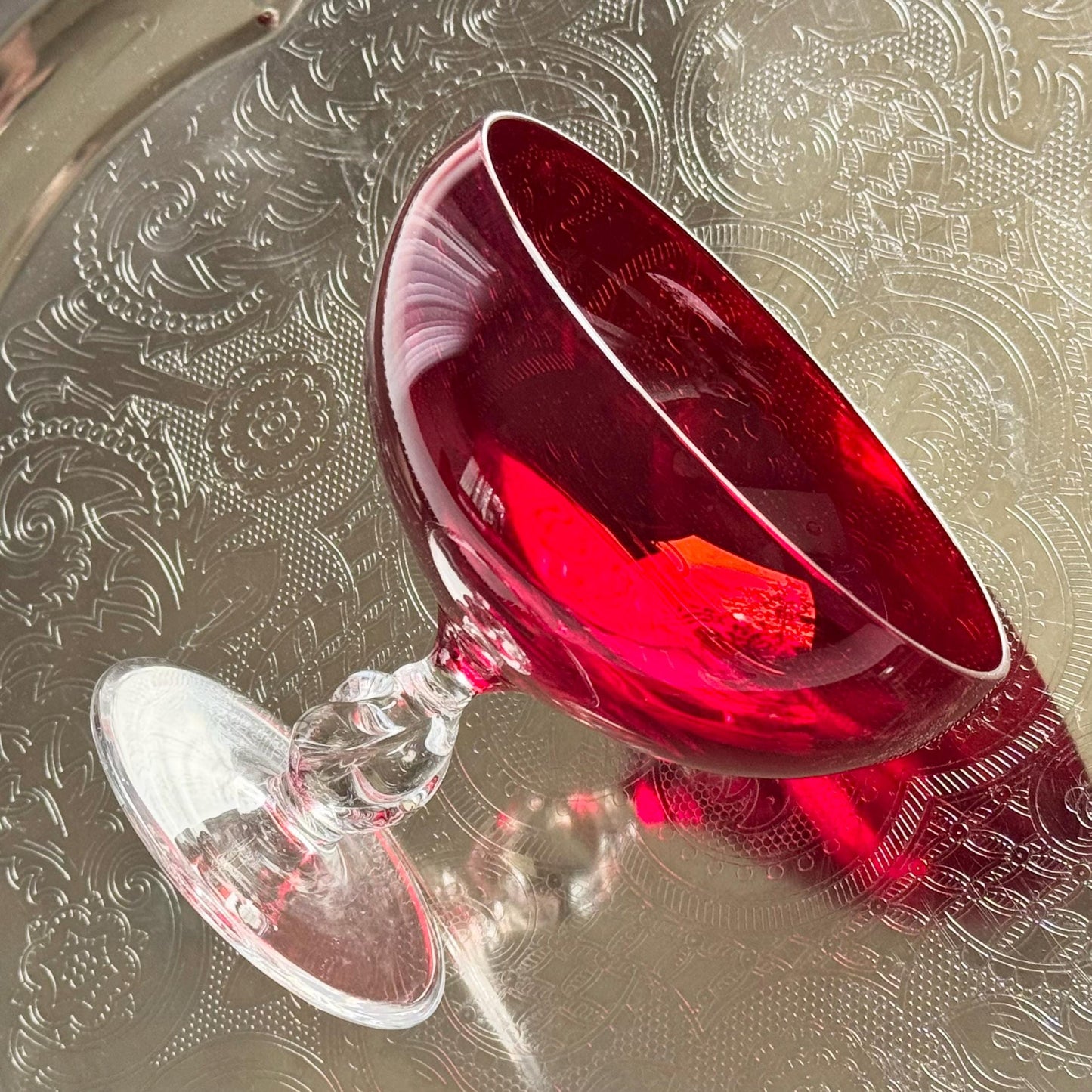 Vintage Ruby Red Twisted Stem Glasses - Set of 5