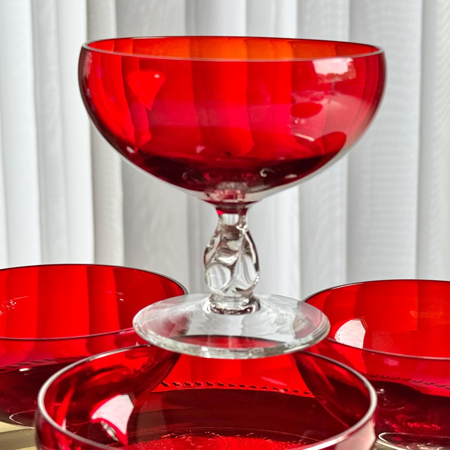 Vintage Ruby Red Twisted Stem Glasses - Set of 5