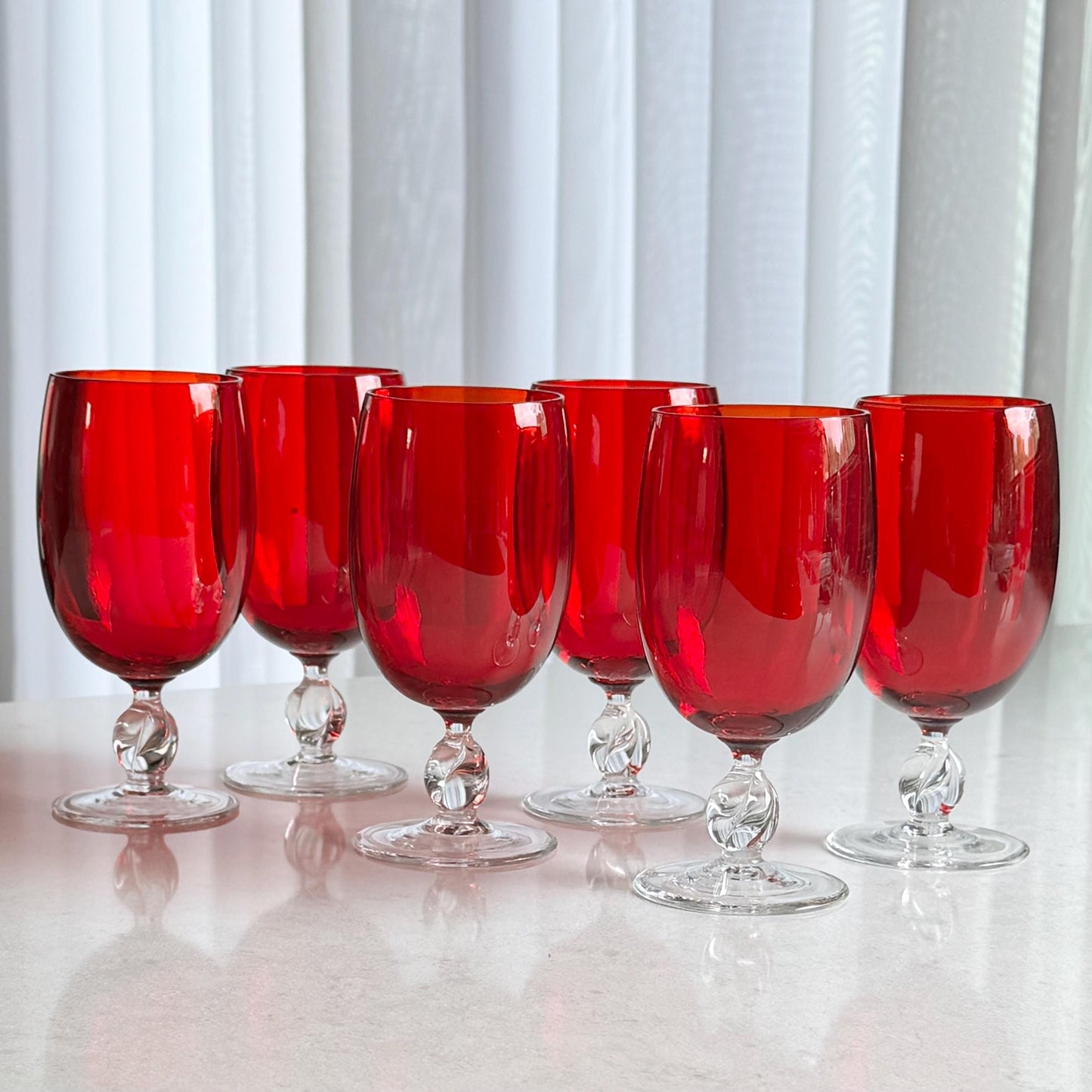 Vintage Ruby Red Twisted Stem Glasses - Set of 6