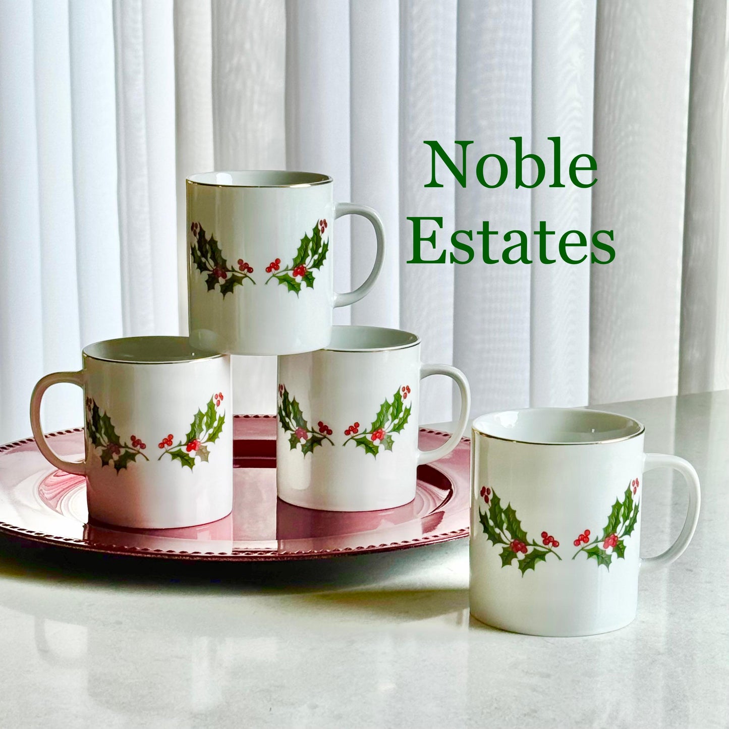 Vintage Kashima Christmas Holly Mugs - Set of 4