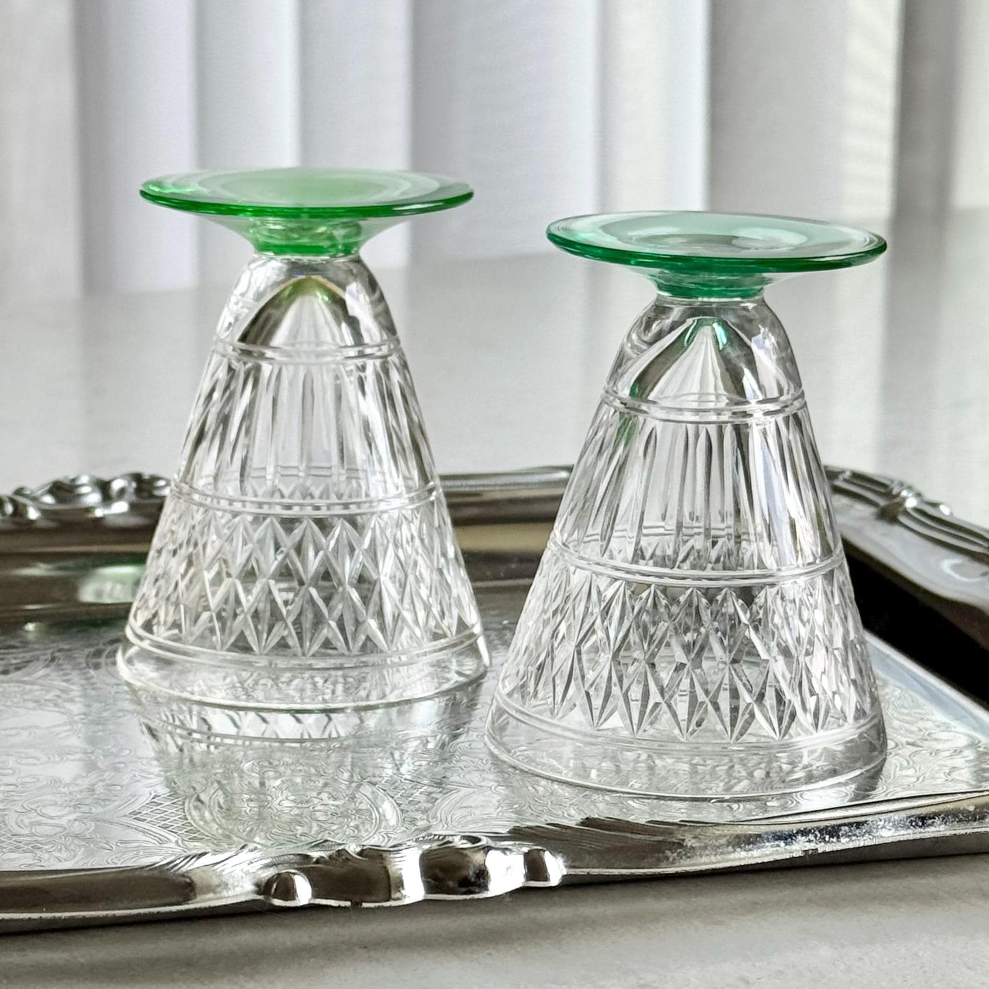 Vintage Green Uranium Footed Glasses - Set of 2