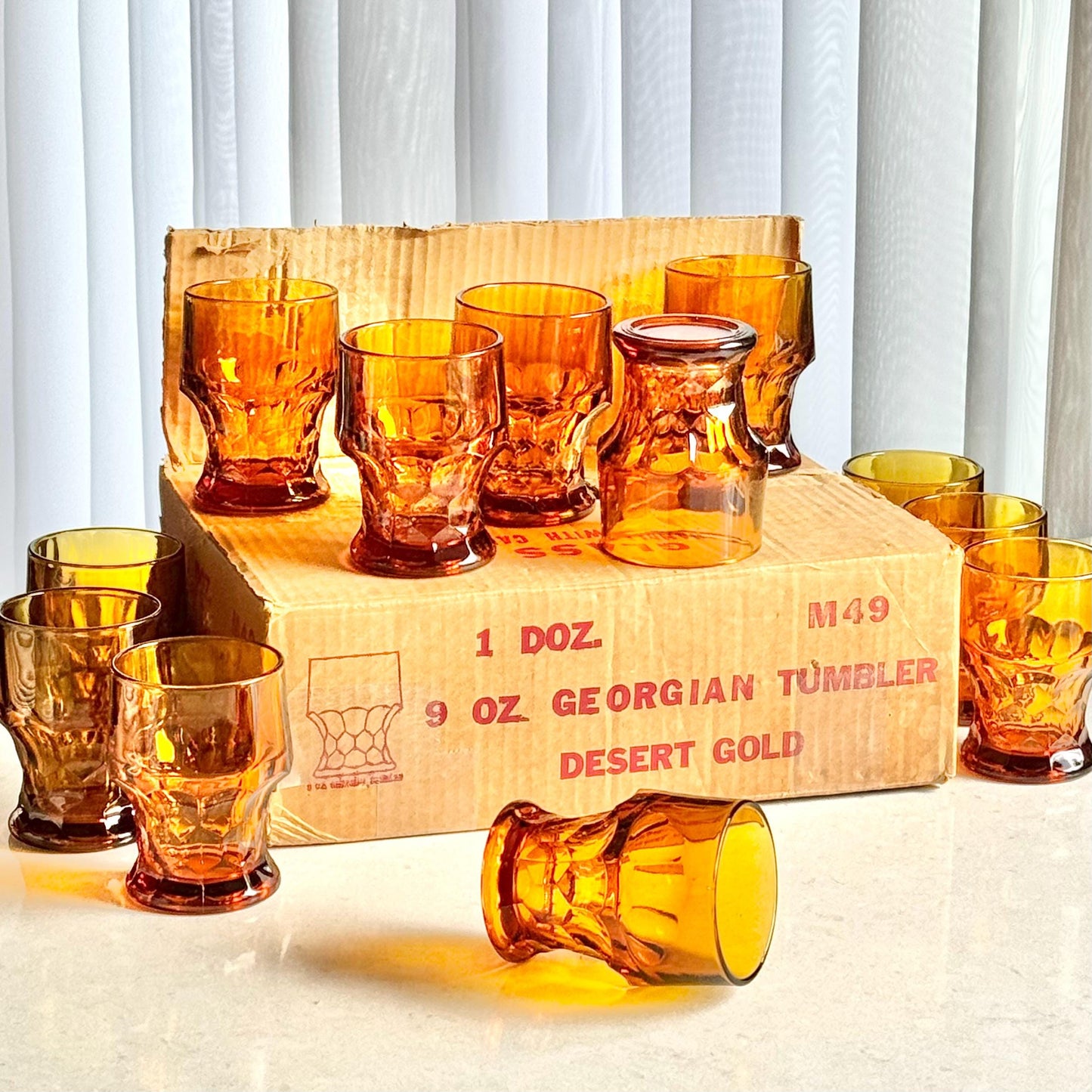 Vintage Anchor Hocking Desert Gold Georgian Colonial Honeycomb Thumbprint Glasses - Set of 12 Tumblers