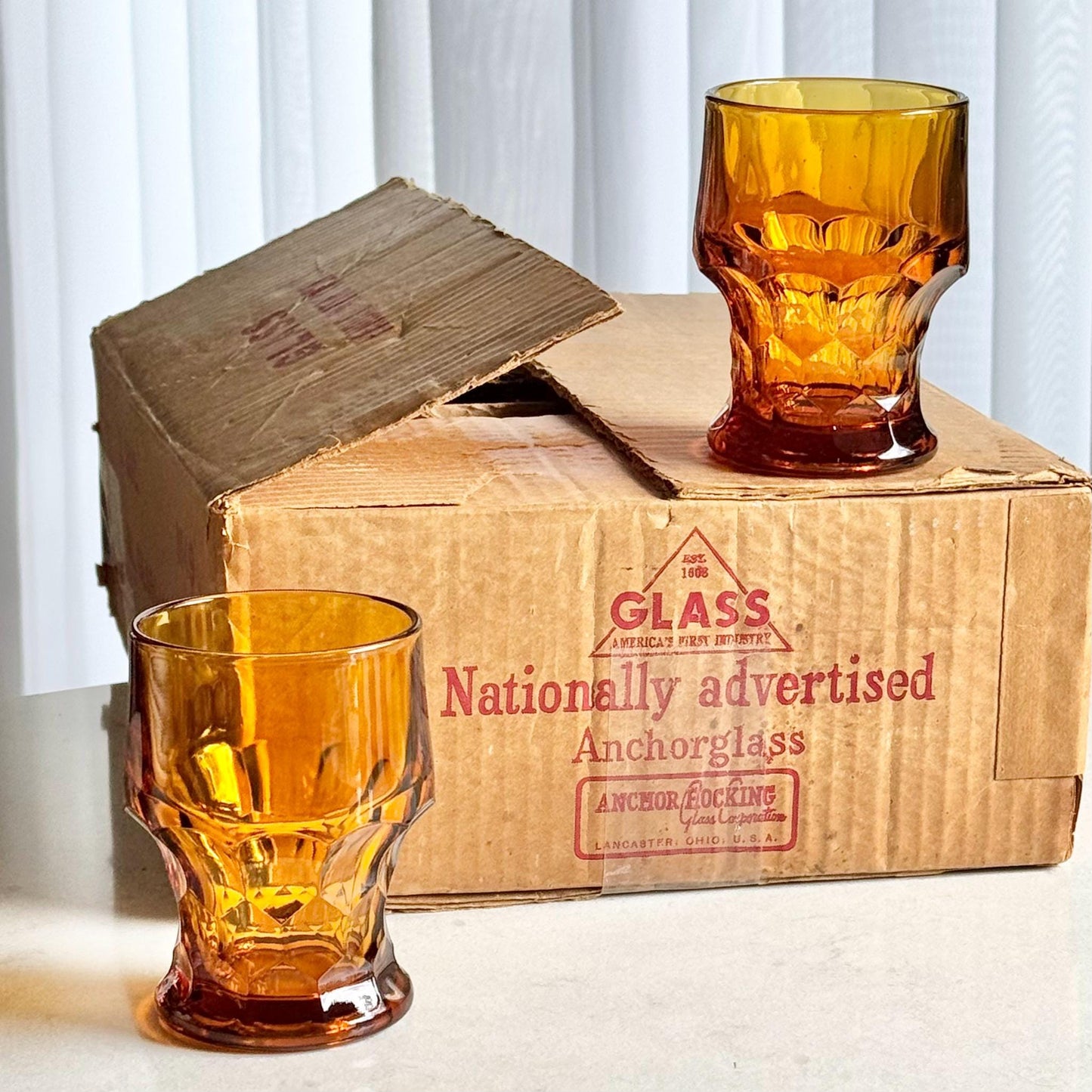 Vintage Anchor Hocking Desert Gold Georgian Colonial Honeycomb Thumbprint Glasses - Set of 12 Tumblers