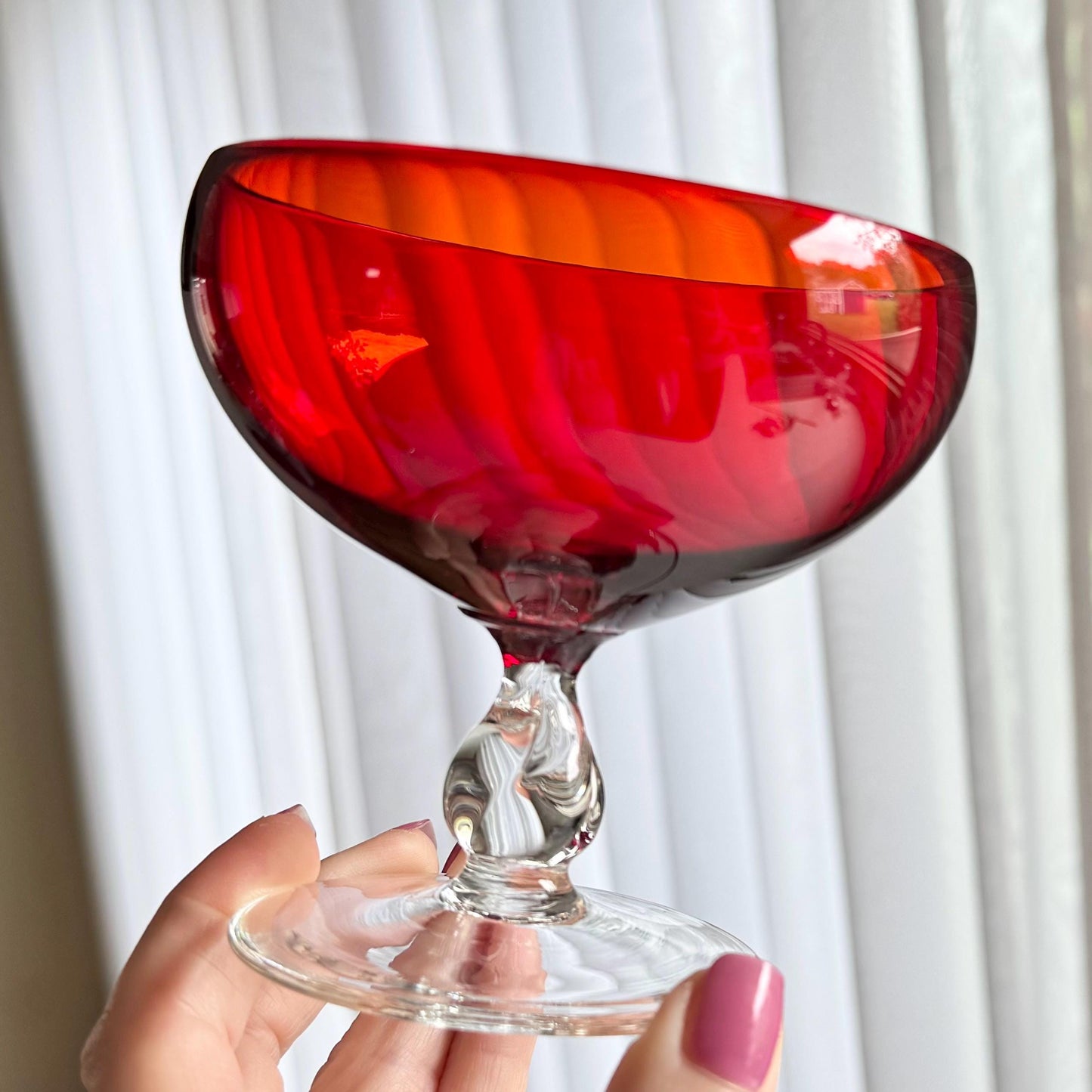 Vintage Ruby Red Twisted Stem Glasses - Set of 5