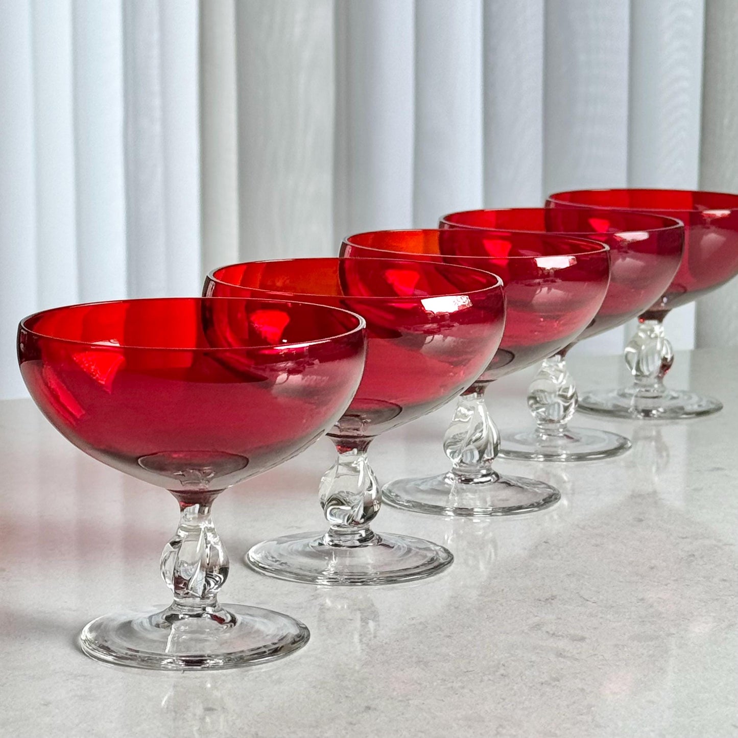 Vintage Ruby Red Twisted Stem Glasses - Set of 5