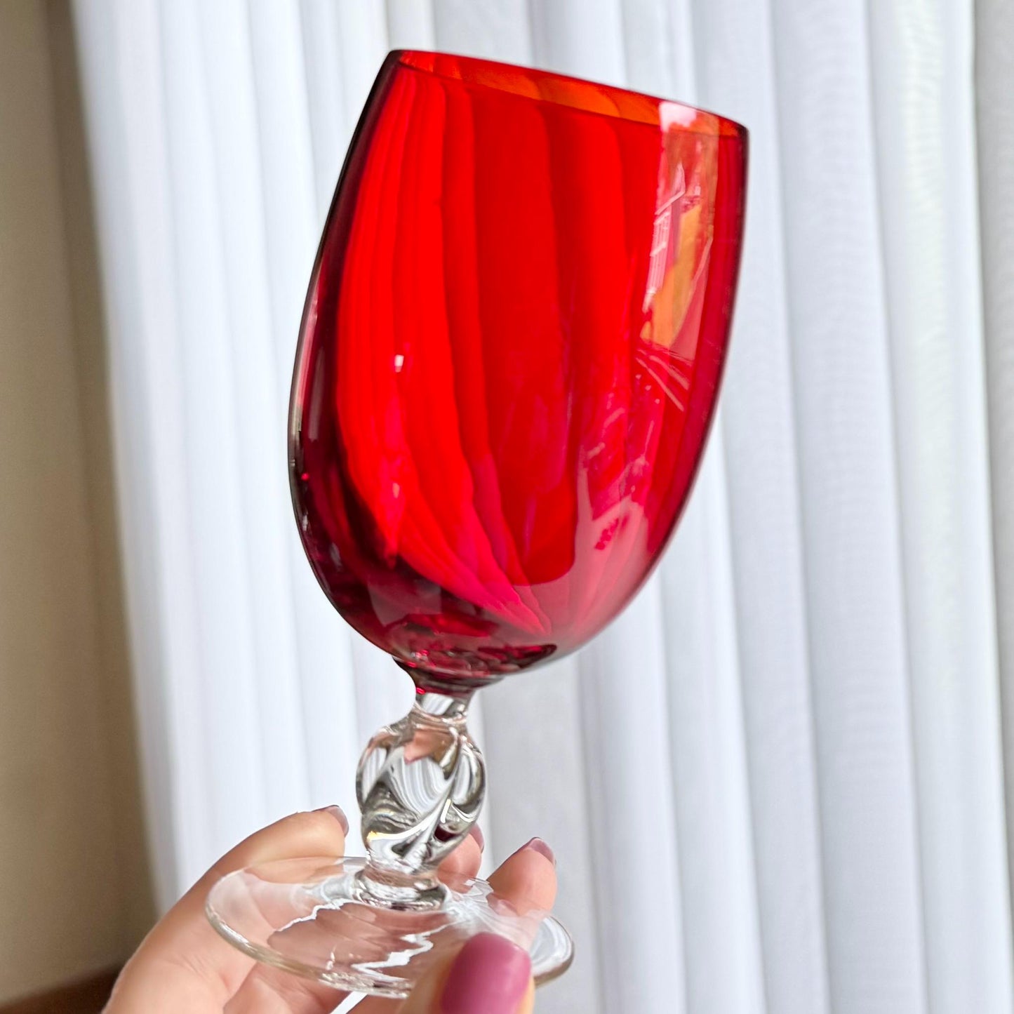 Vintage Ruby Red Twisted Stem Glasses - Set of 6