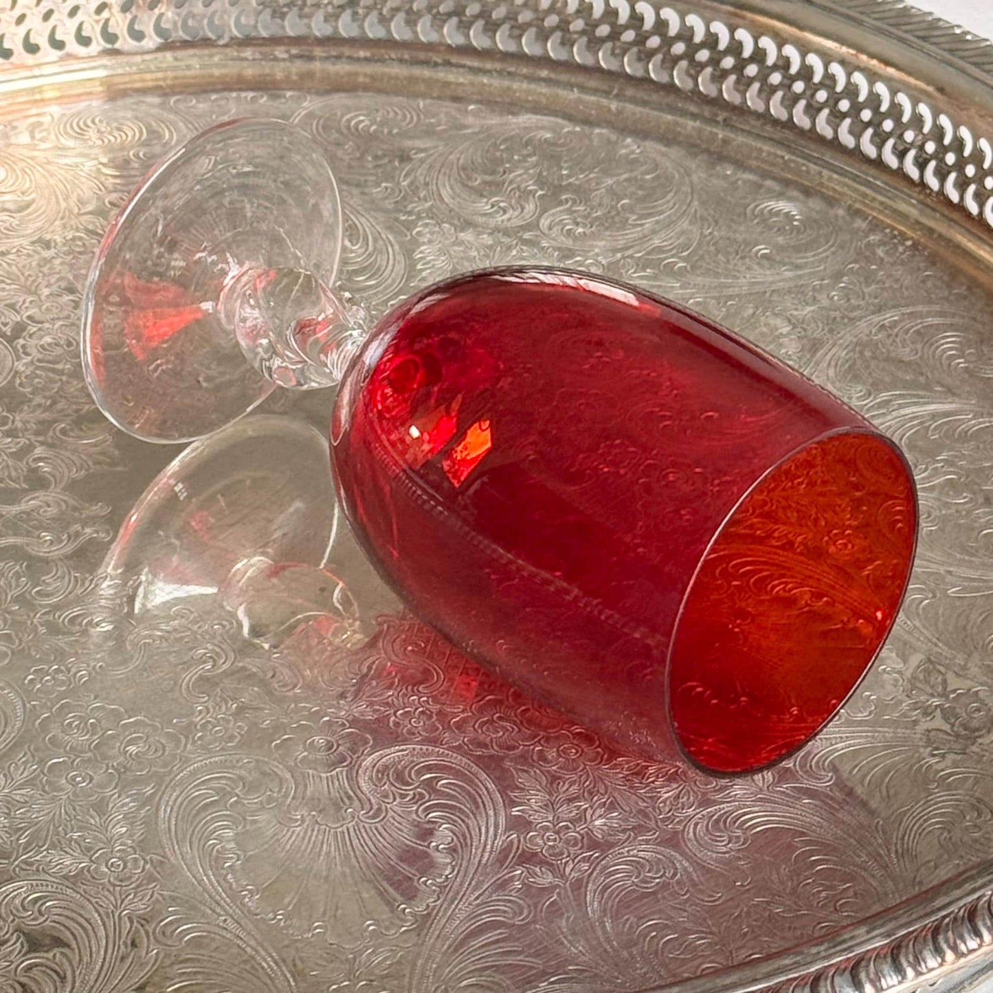 Vintage Ruby Red Twisted Stem Glasses - Set of 6
