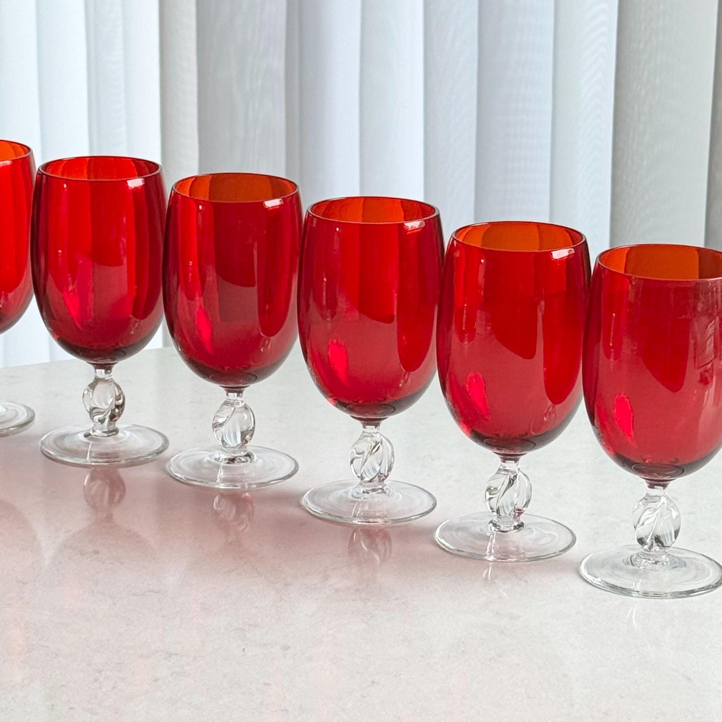 Vintage Ruby Red Twisted Stem Glasses - Set of 6