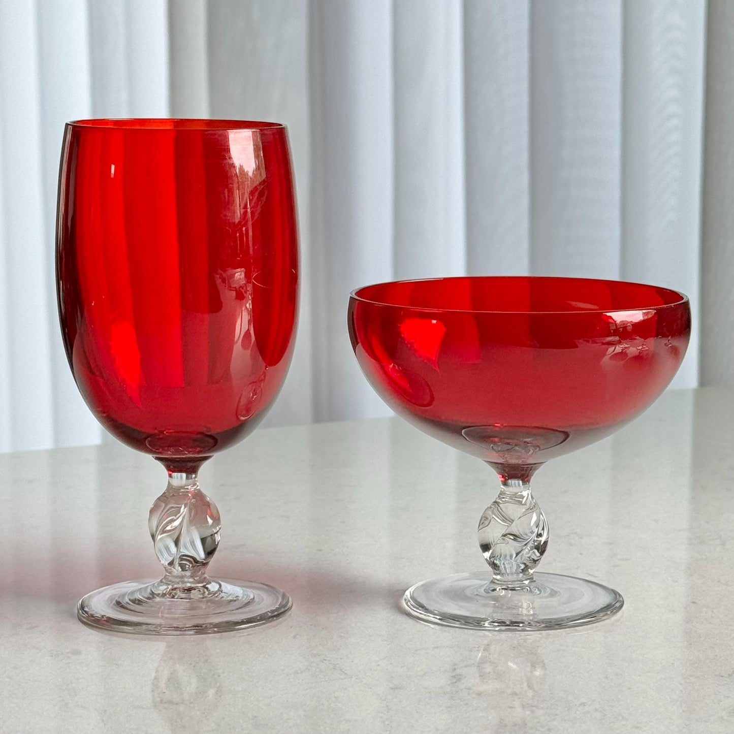 Vintage Ruby Red Twisted Stem Glasses - Set of 6