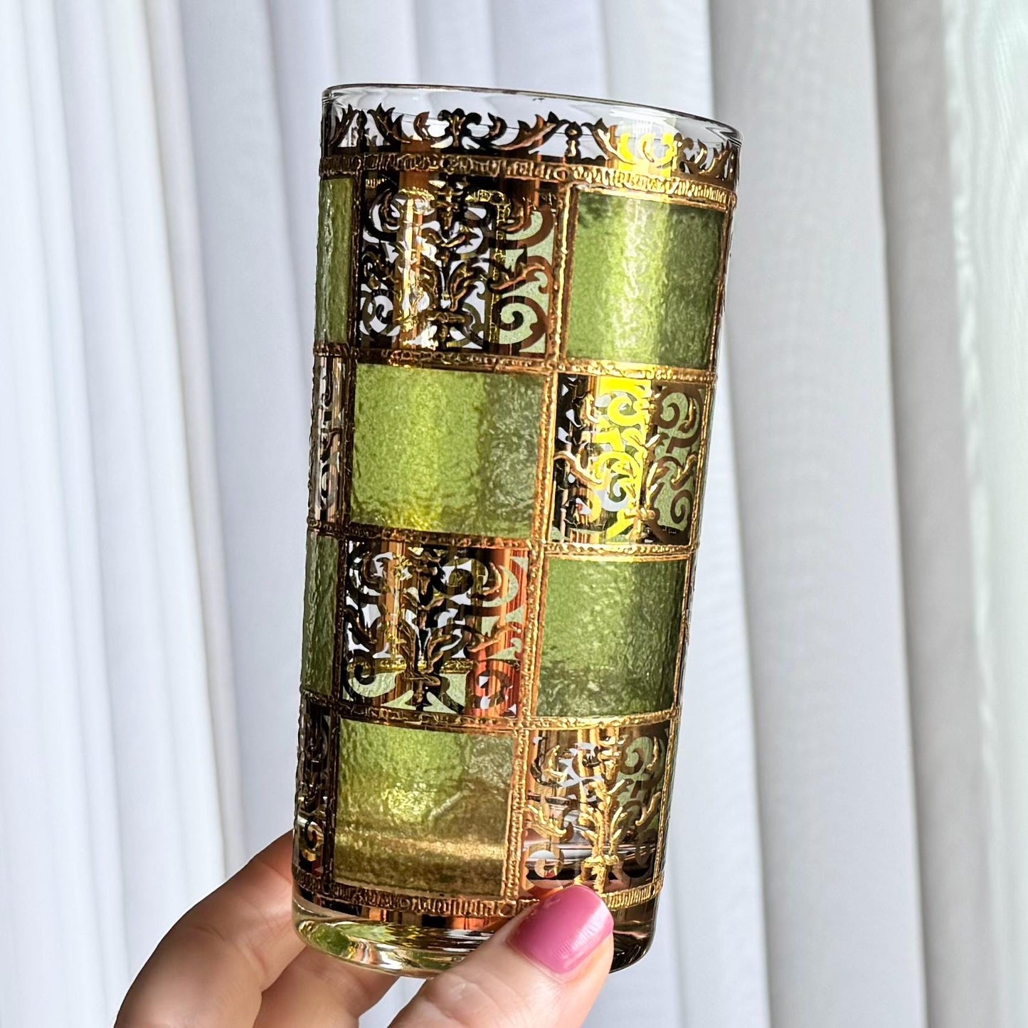 Vintage Culver Carrier Caddy and Six (6) Gold and Green Prado Glasses