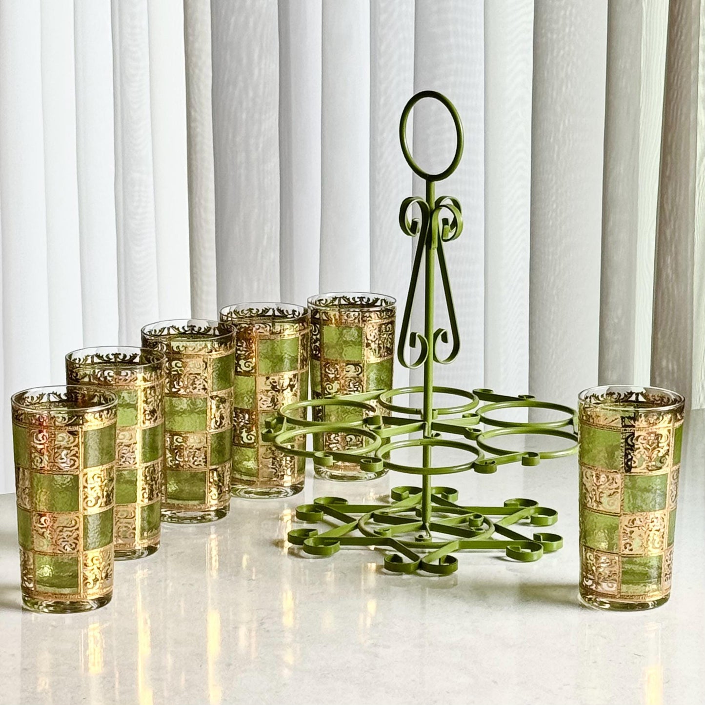 Vintage Culver Carrier Caddy and Six (6) Gold and Green Prado Glasses