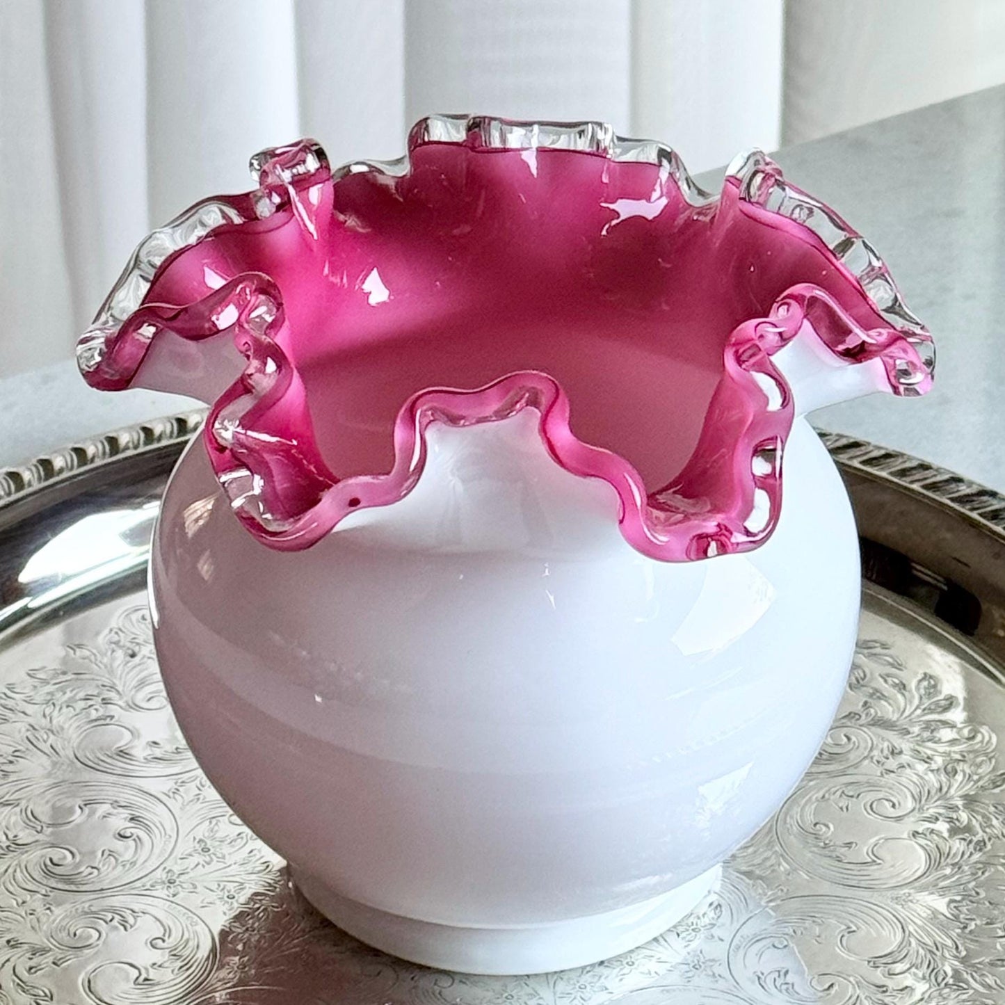 Vintage Fenton Silver Crest Rose Pink Ruffled Vase