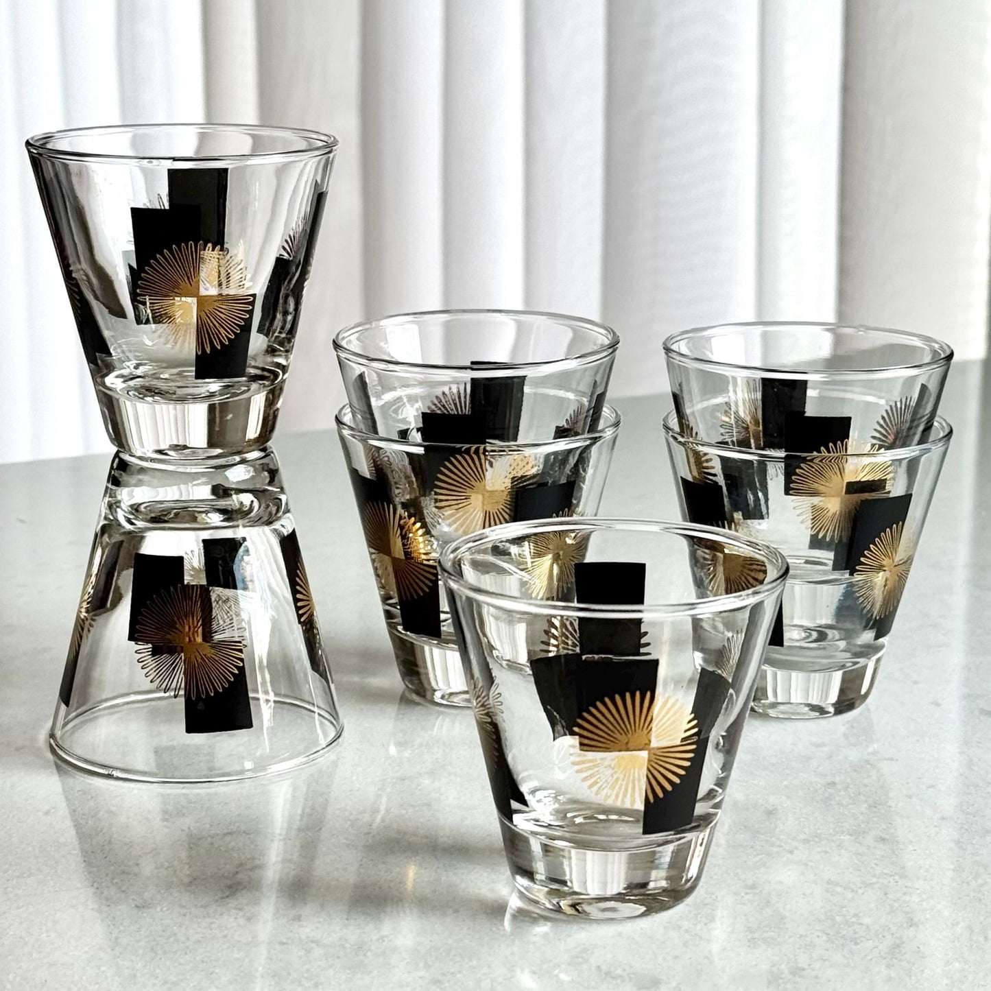 Vintage Anchor Hocking Black and Gold Atomic Starburst Tumblers - Set of 7