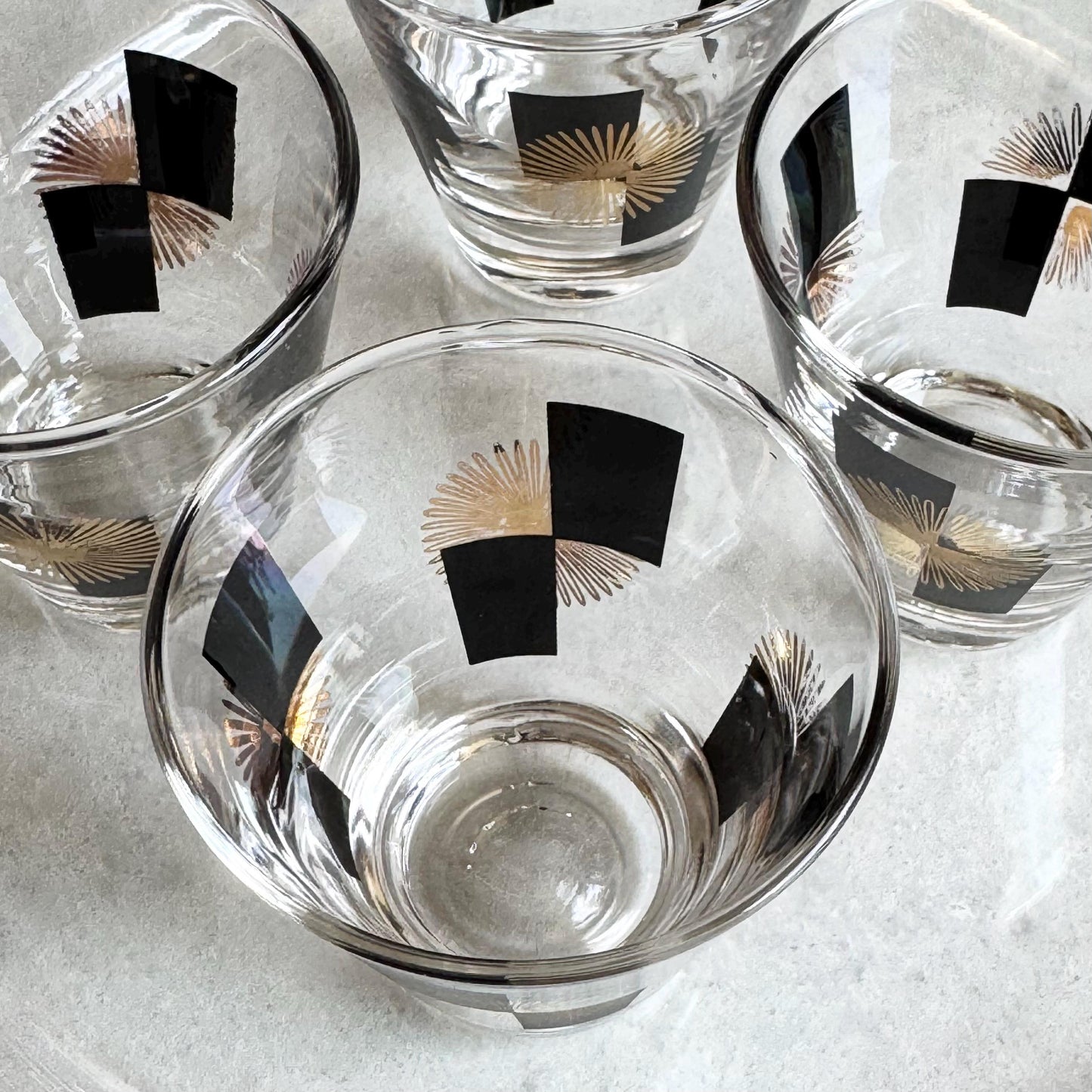 Vintage Anchor Hocking Black and Gold Atomic Starburst Tumblers - Set of 7