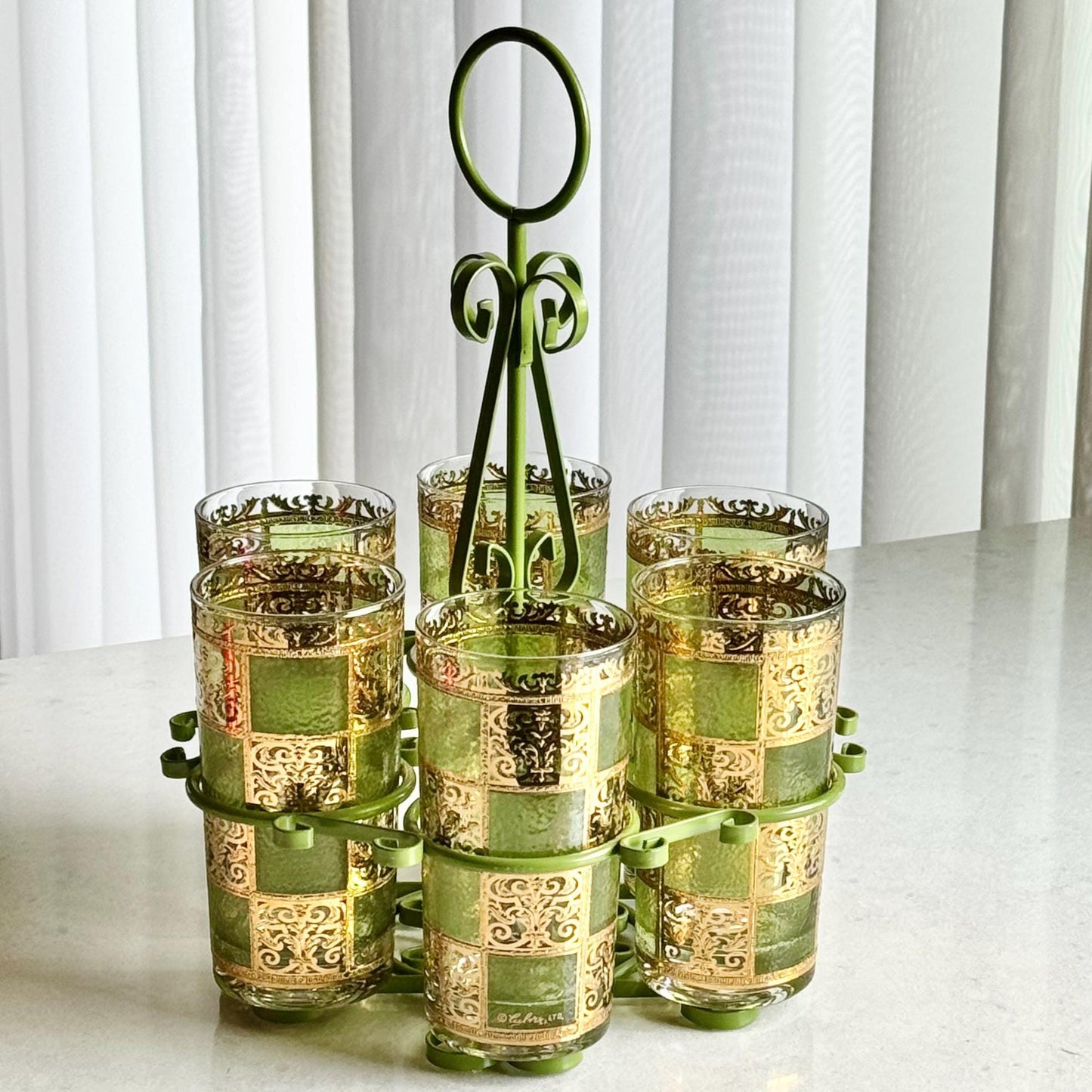 Vintage Culver Carrier Caddy and Six (6) Gold and Green Prado Glasses