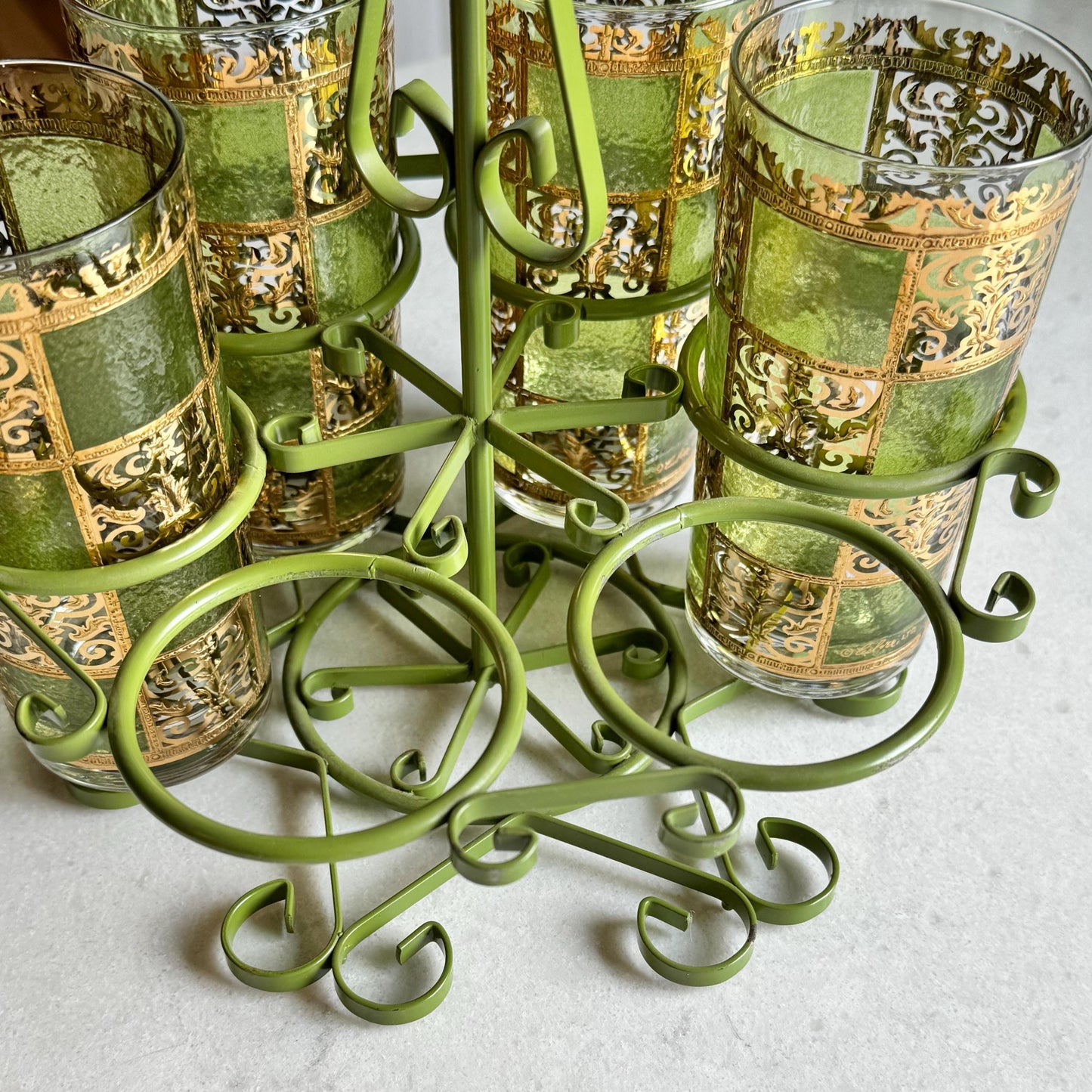Vintage Culver Carrier Caddy and Six (6) Gold and Green Prado Glasses