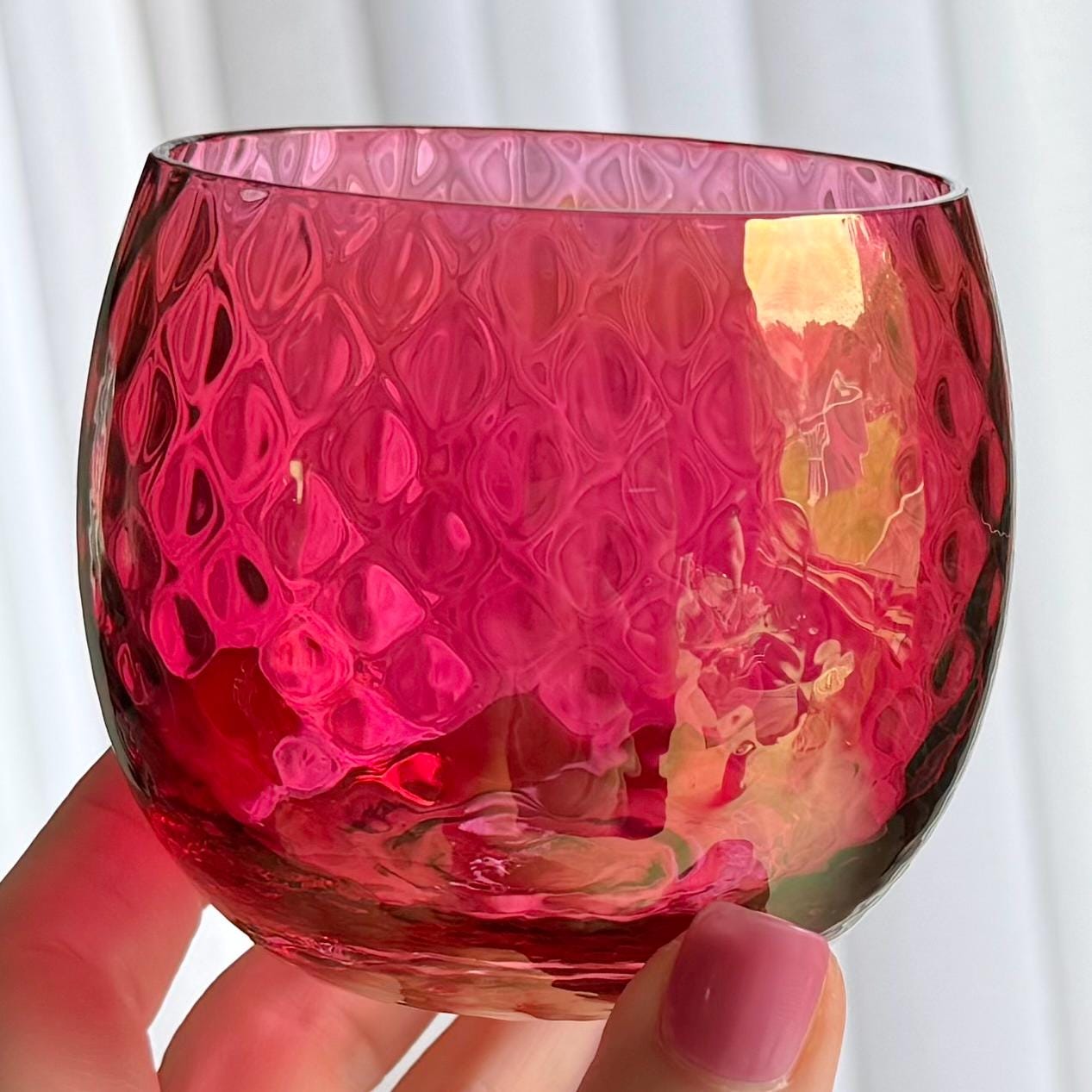 Vintage Cranberry Diamond Optic Carafe and 6 Glasses