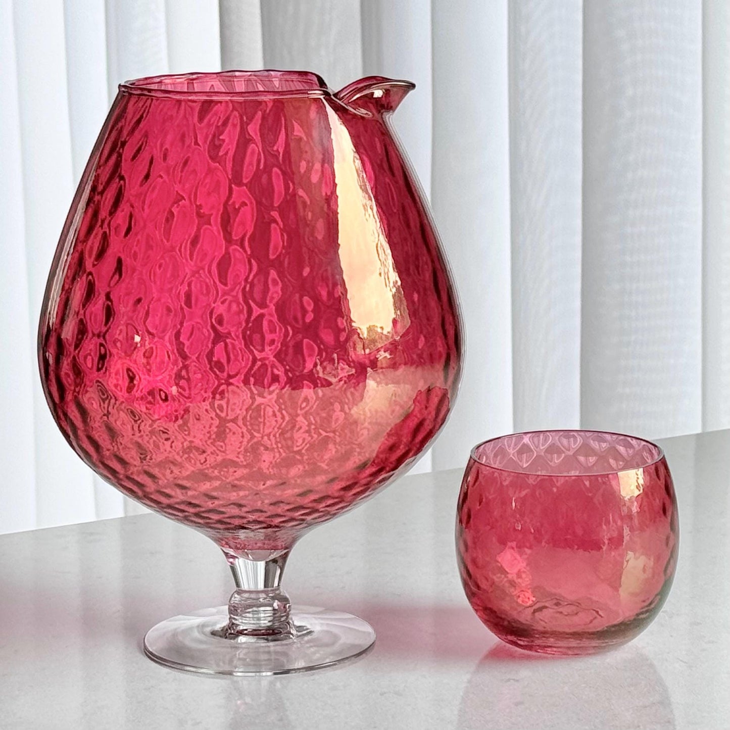 Vintage Cranberry Diamond Optic Carafe and 6 Glasses
