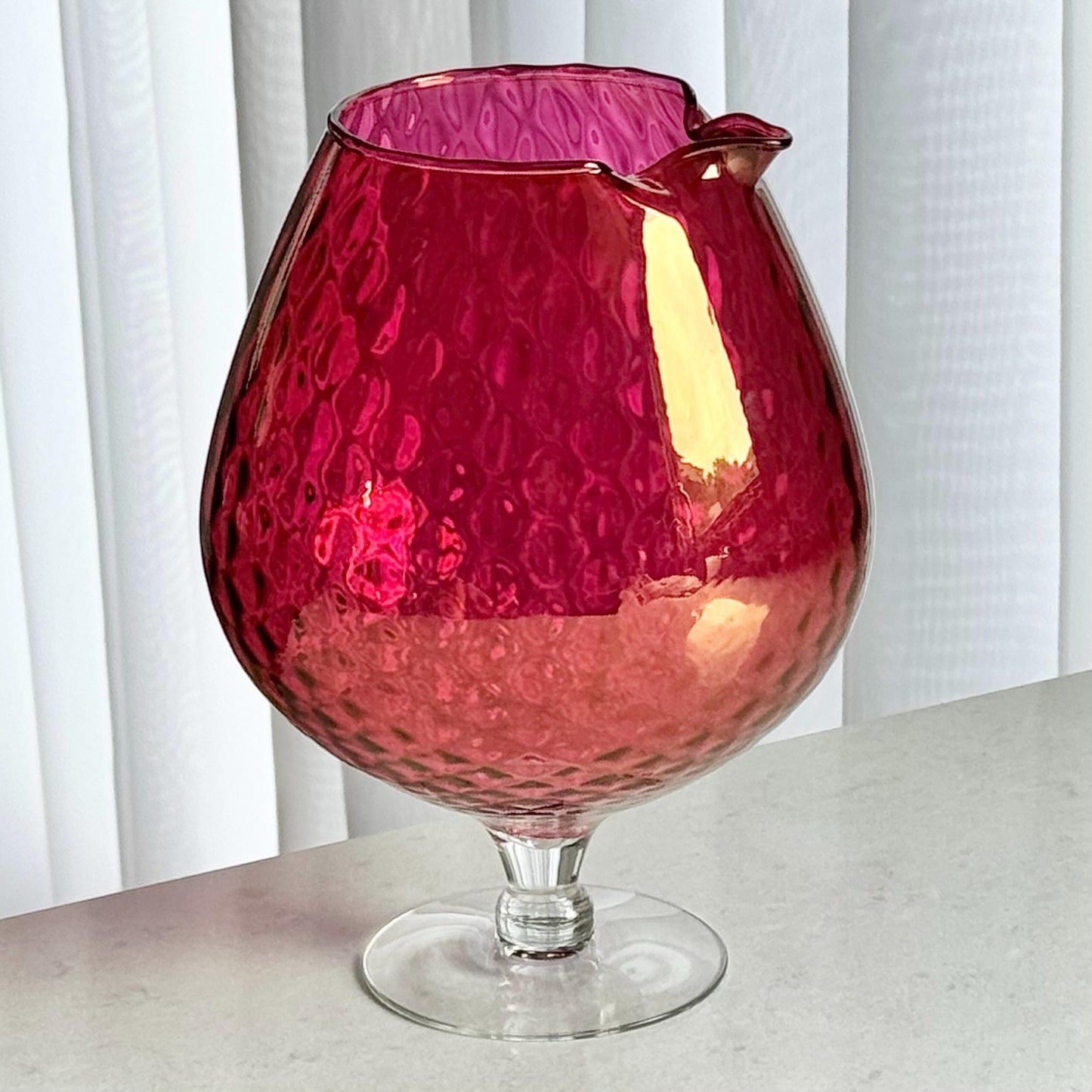 Vintage Cranberry Diamond Optic Carafe and 6 Glasses