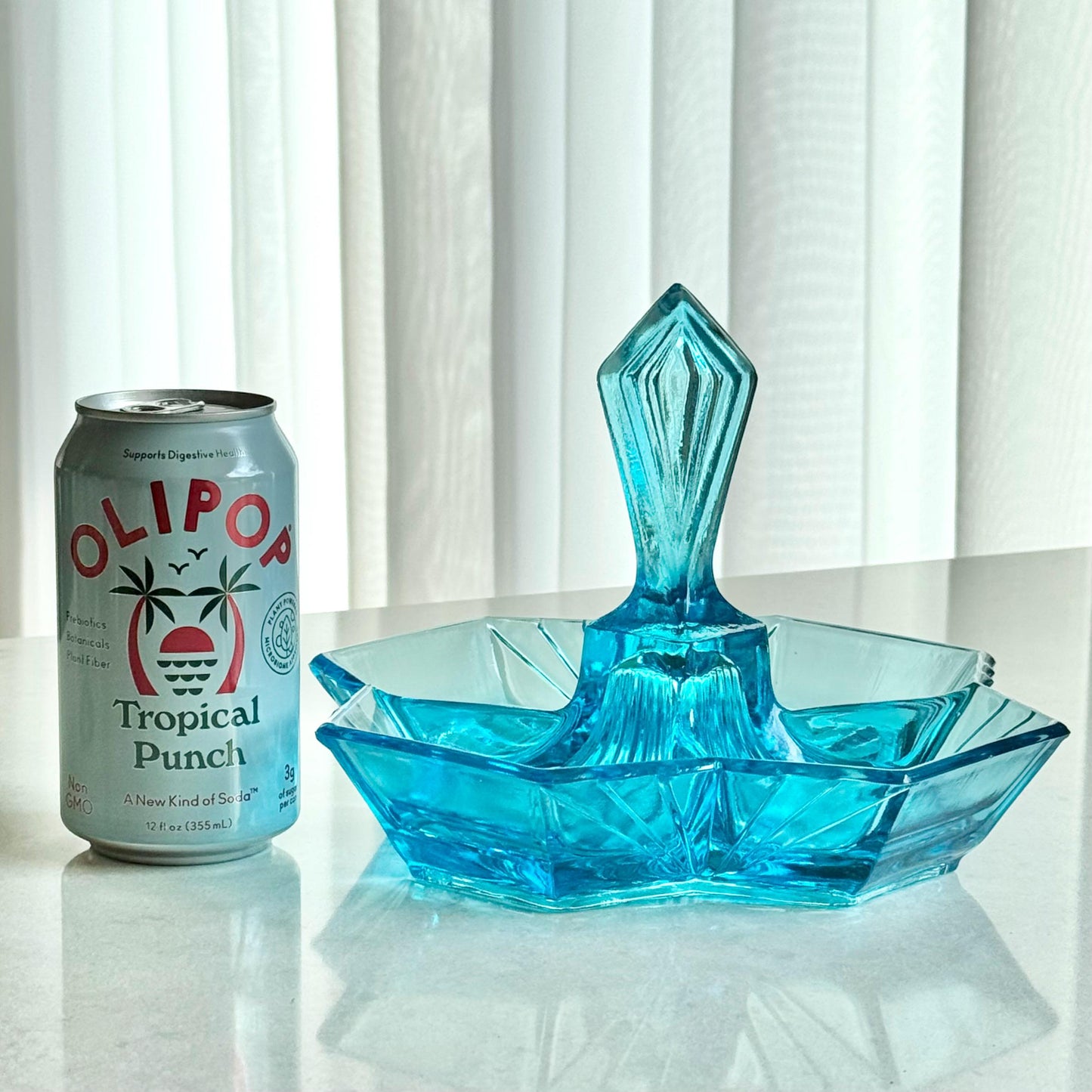 Vintage Indiana Glass Pyramid Blue Four-Part Relish Dish with Center Handle (circa 1974 - 1975)