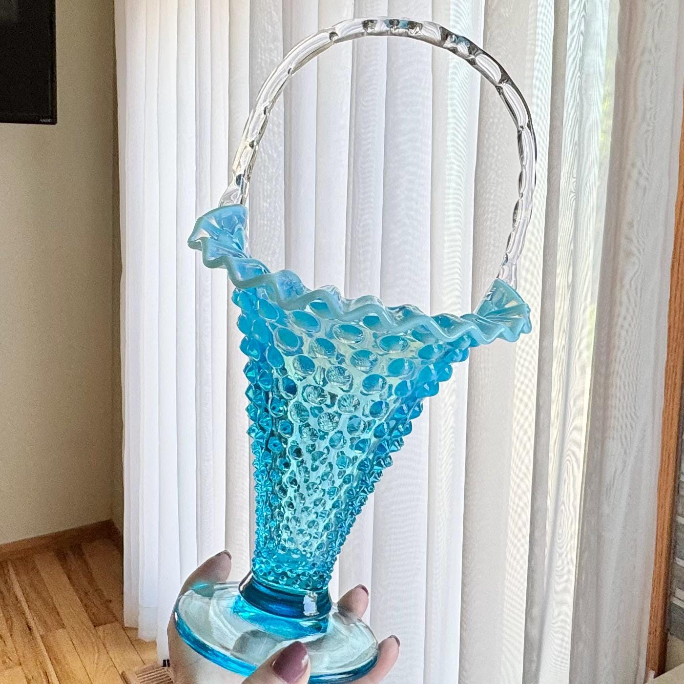 Vintage Fenton Blue Opalescent Large 12 Inch Basket (circa 1939 - 1955)