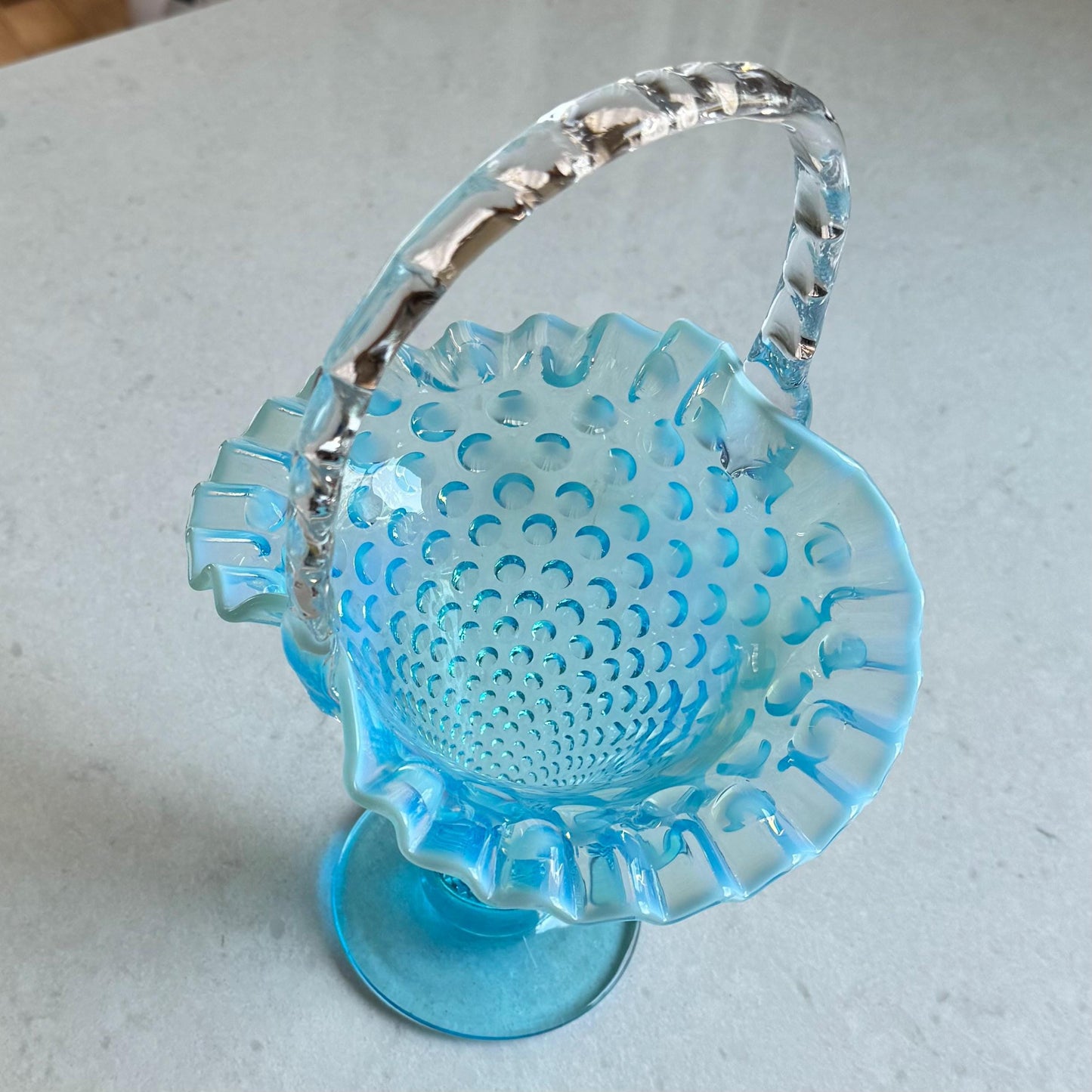 Vintage Fenton Blue Opalescent Large 12 Inch Basket (circa 1939 - 1955)