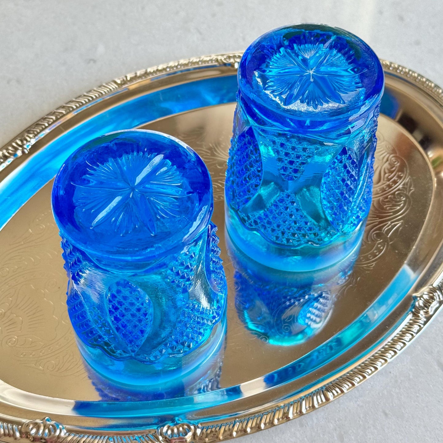 Vintage Westmoreland High Hob Blue Opalescent Tumblers - Set of 2 Glasses