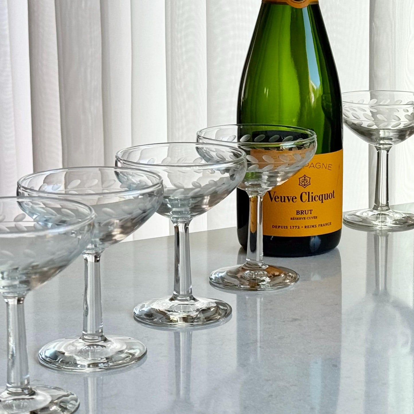 Vintage Laurel Leaf Etched Champagne Coupes / Cocktail Glasses - Set of 6