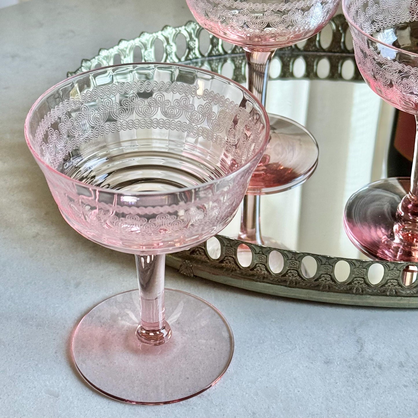Vintage Pink Needle Etched Optic Panel Glasses - Set of 4