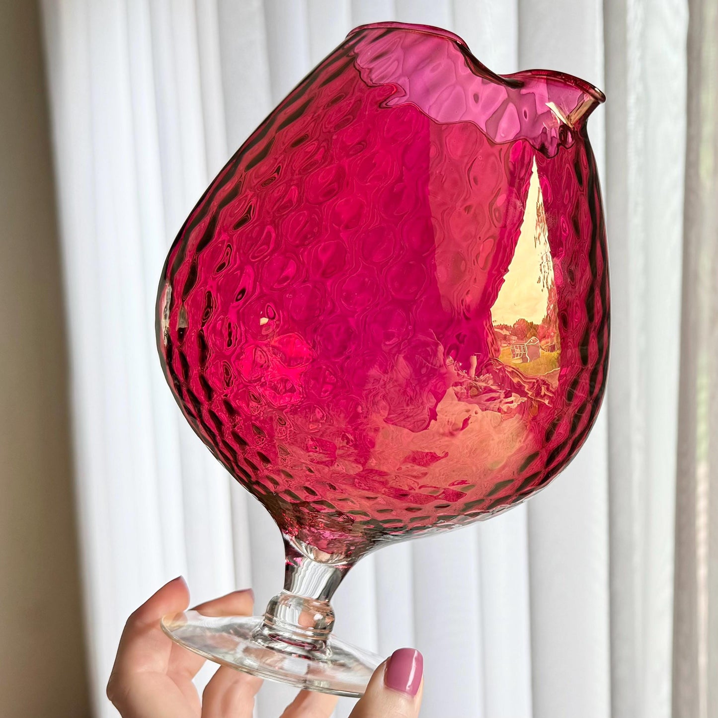 Vintage Cranberry Diamond Optic Carafe and 6 Glasses