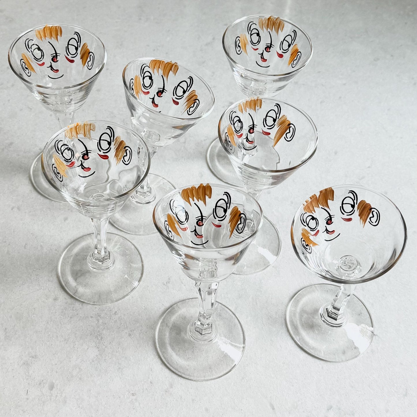 Vintage Gay Fad Studios Tipsy Beau Brummel Martini Cocktail Glasses - Set of 7