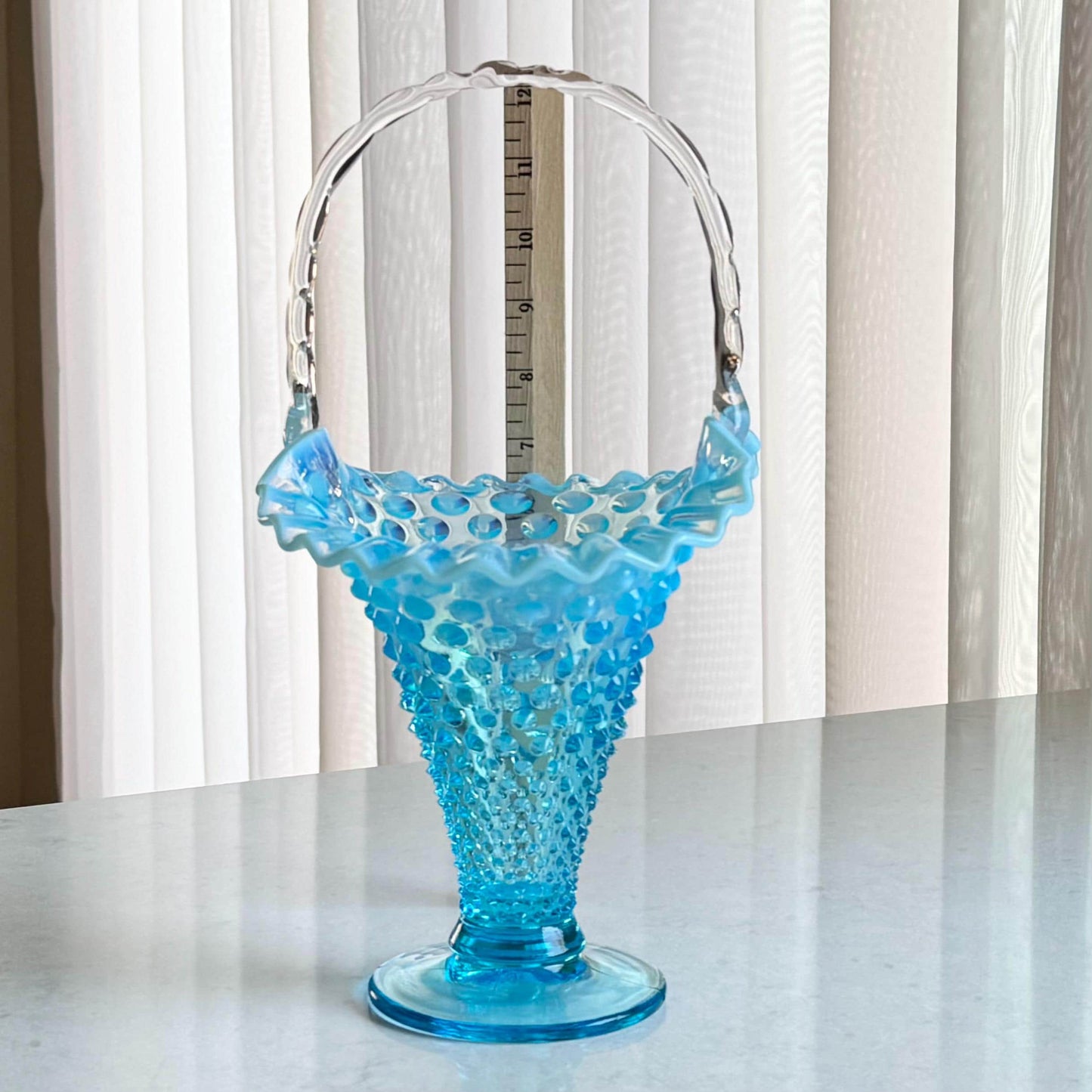 Vintage Fenton Blue Opalescent Large 12 Inch Basket (circa 1939 - 1955)