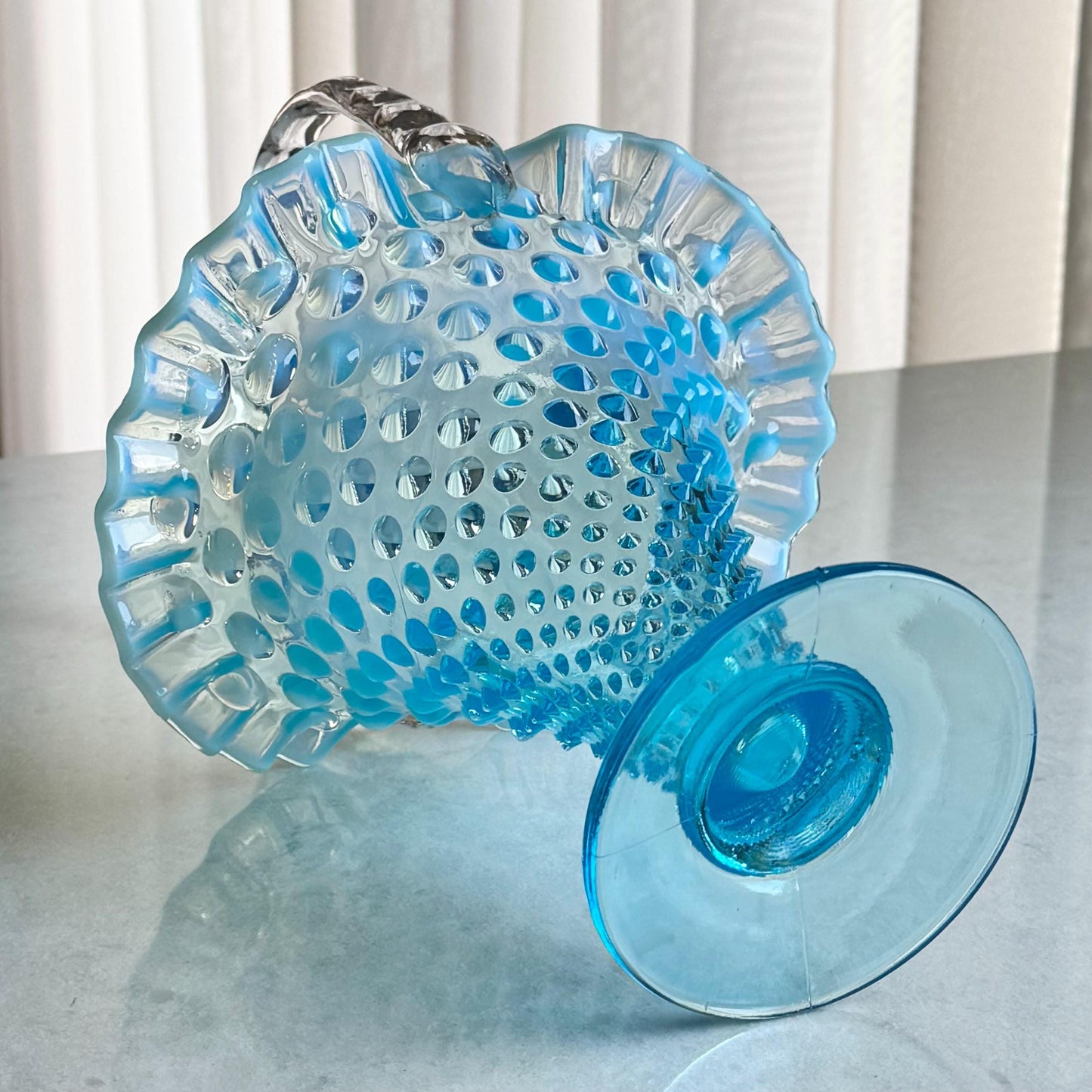 Vintage Fenton Blue Opalescent Large 12 Inch Basket (circa 1939 - 1955)