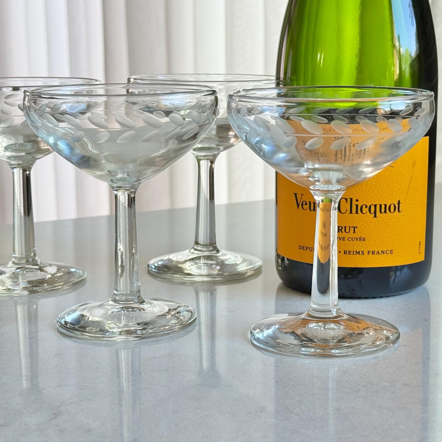 Vintage Laurel Leaf Etched Champagne Coupes / Cocktail Glasses - Set of 6
