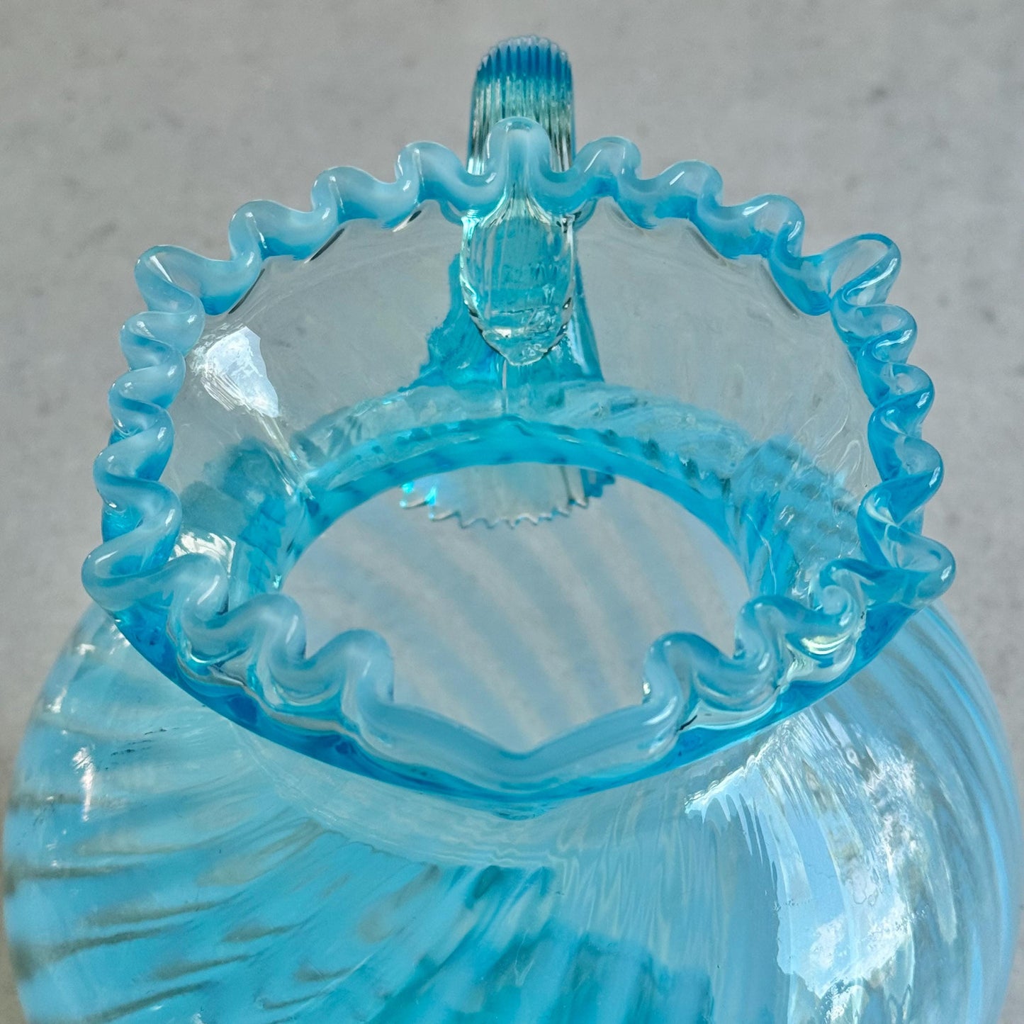 Vintage Fenton Blue Opalescent Large Spiral Swirl Pitcher