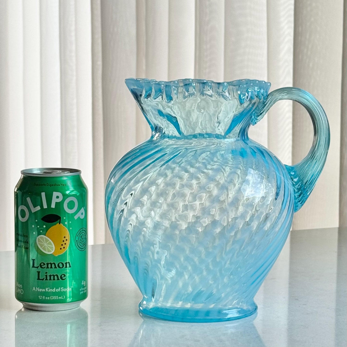 Vintage Fenton Blue Opalescent Large Spiral Swirl Pitcher