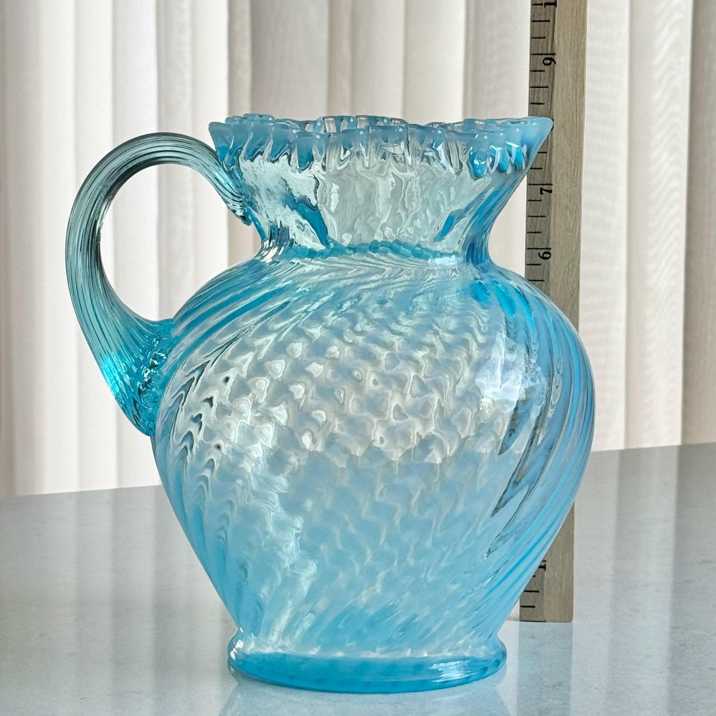 Vintage Fenton Blue Opalescent Large Spiral Swirl Pitcher