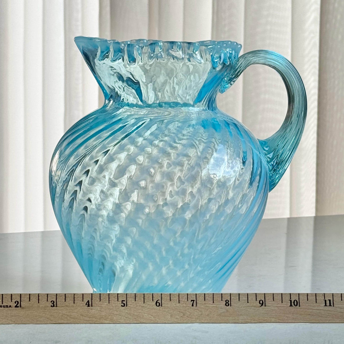 Vintage Fenton Blue Opalescent Large Spiral Swirl Pitcher