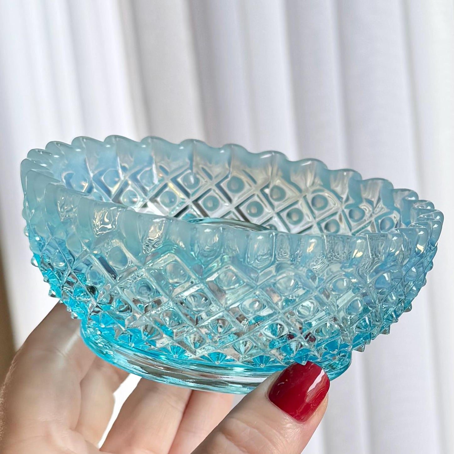 Vintage Fenton Diamond Lace Blue Opalescent Candle Holders (circa 1949 - 1954) - Set of 2
