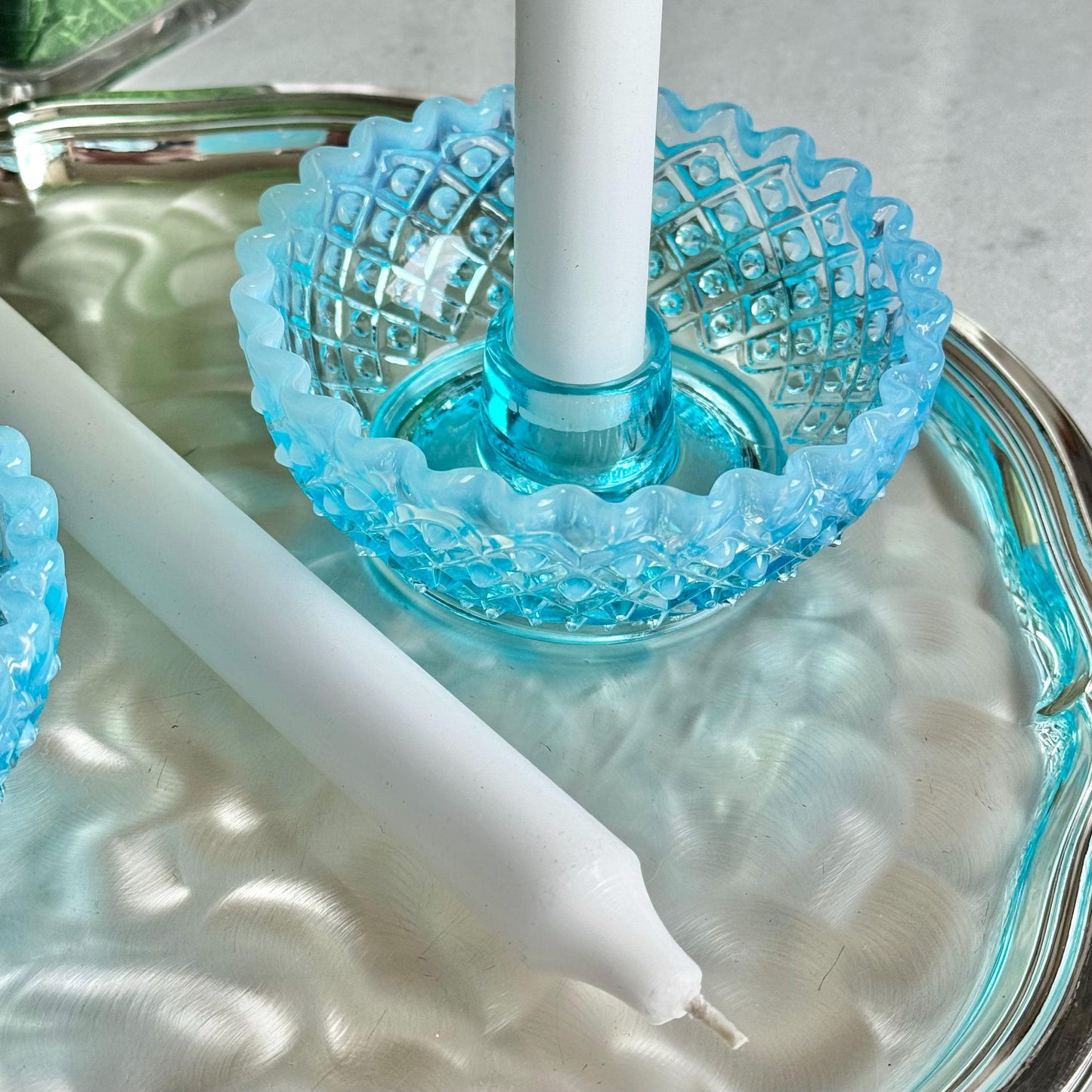 Vintage Fenton Diamond Lace Blue Opalescent Candle Holders (circa 1949 - 1954) - Set of 2