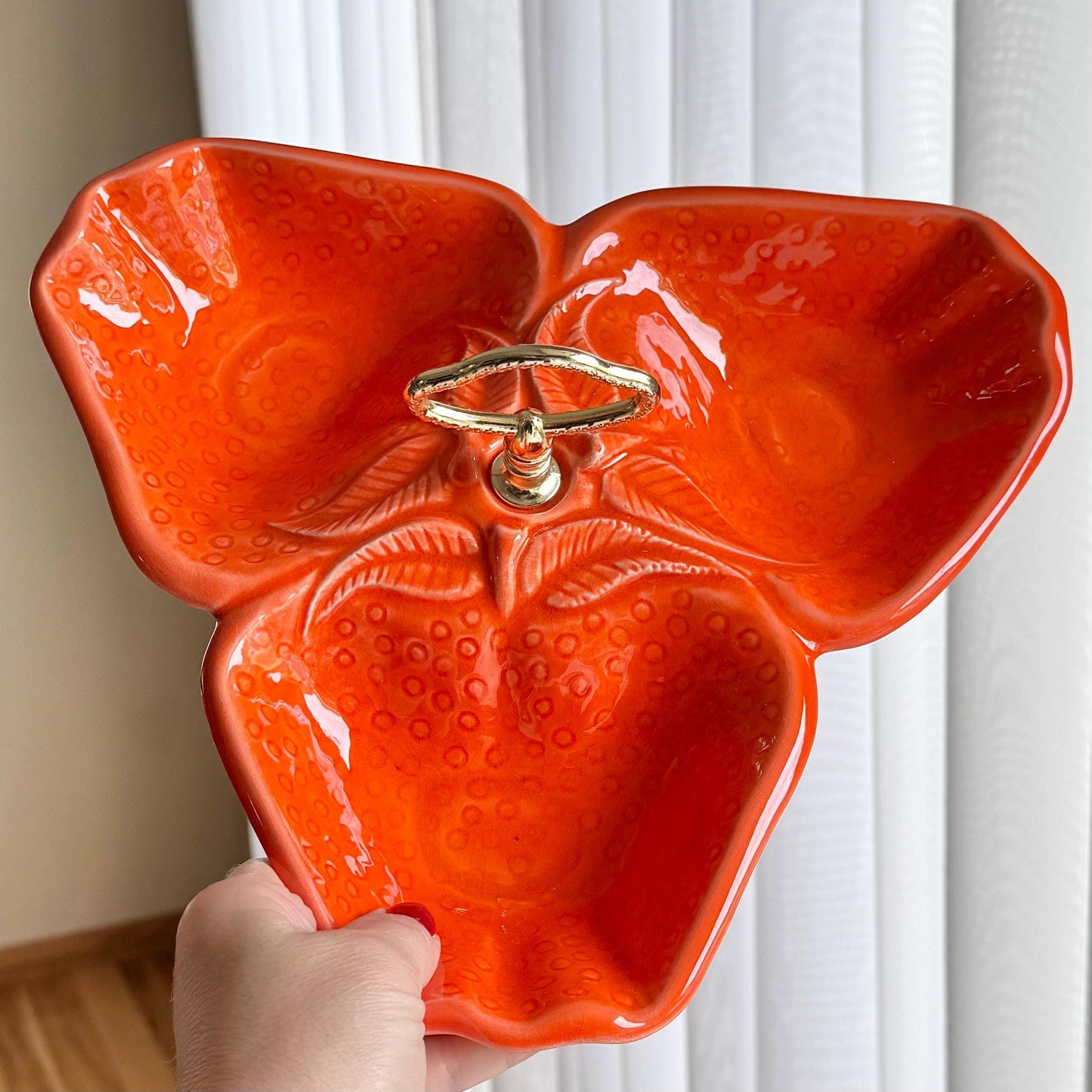Vintage California Pottery Three Part Strawberry Dish with Handle