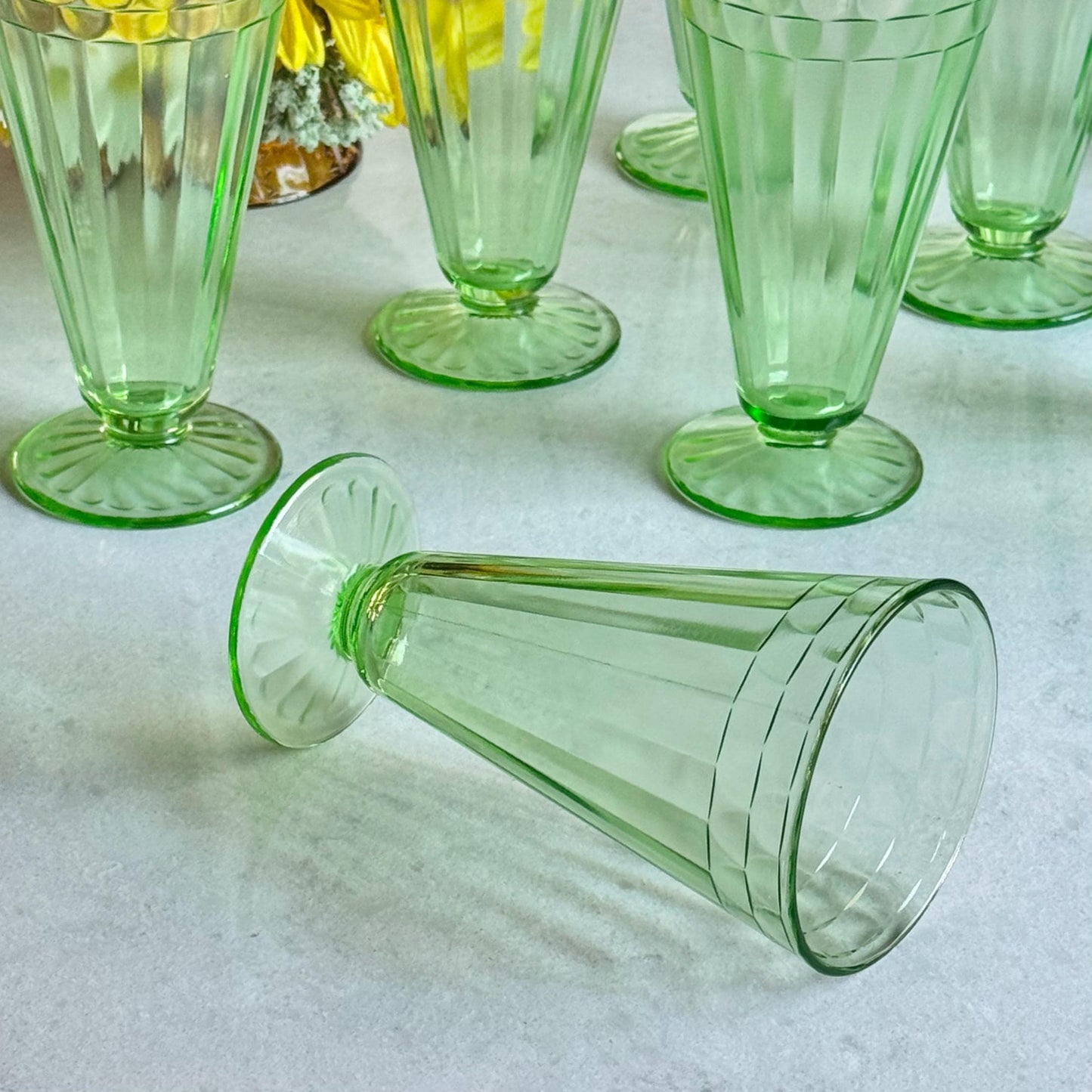 Vintage Green Uranium Glass Footed Tumblers / Parfaits - Set of 10