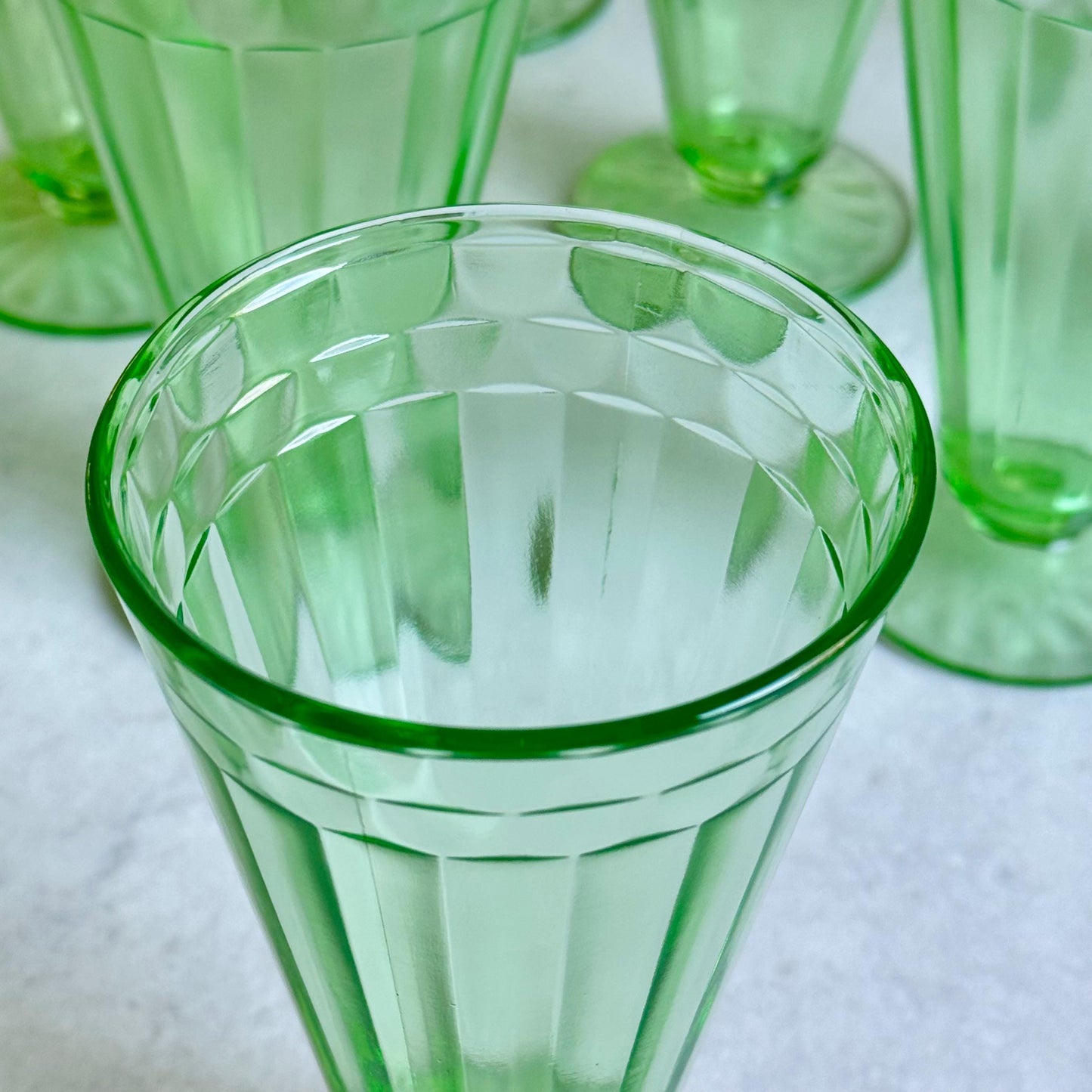 Vintage Green Uranium Glass Footed Tumblers / Parfaits - Set of 10