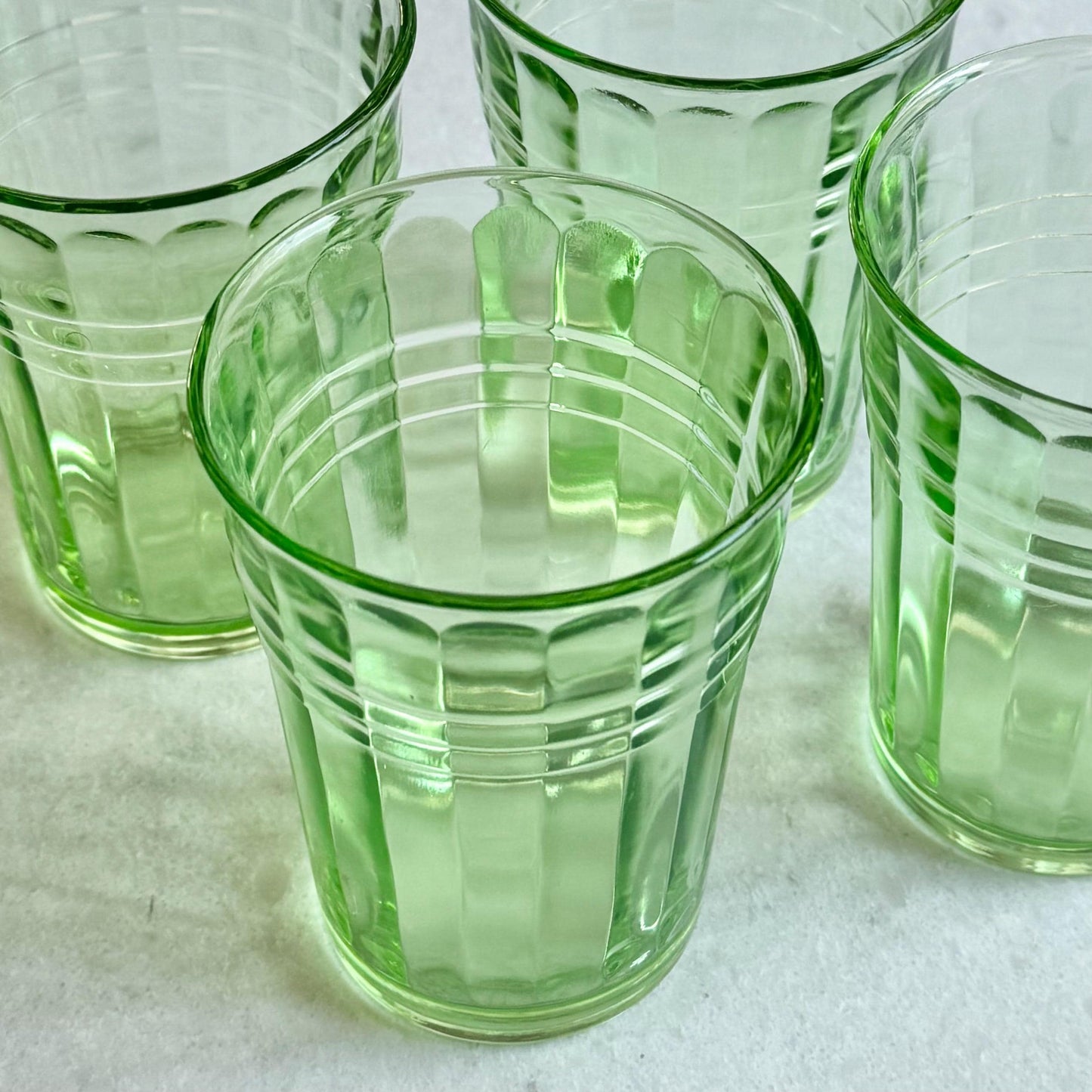 Vintage Hazel Atlas Uranium Glass Moderntone Green Tumblers - Set of 4