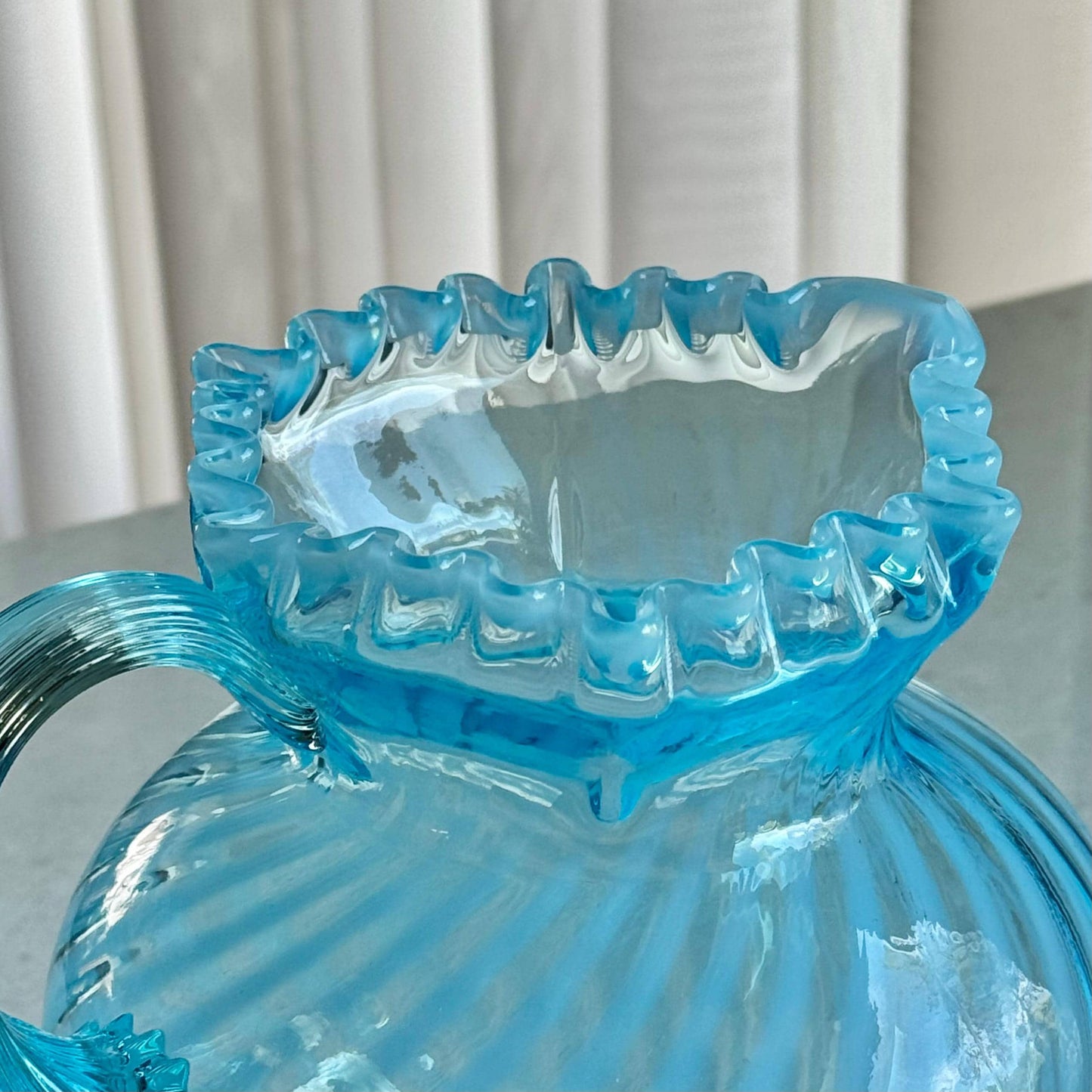 Vintage Fenton Blue Opalescent Large Spiral Swirl Pitcher