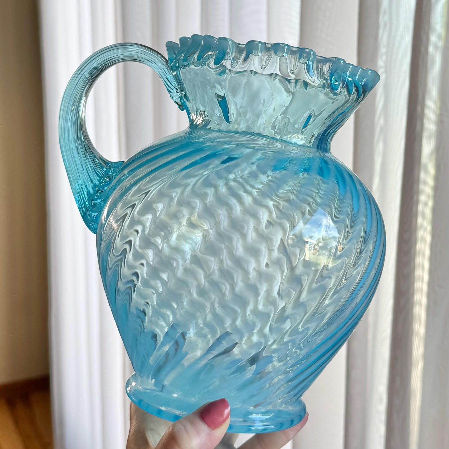 Vintage Fenton Blue Opalescent Large Spiral Swirl Pitcher