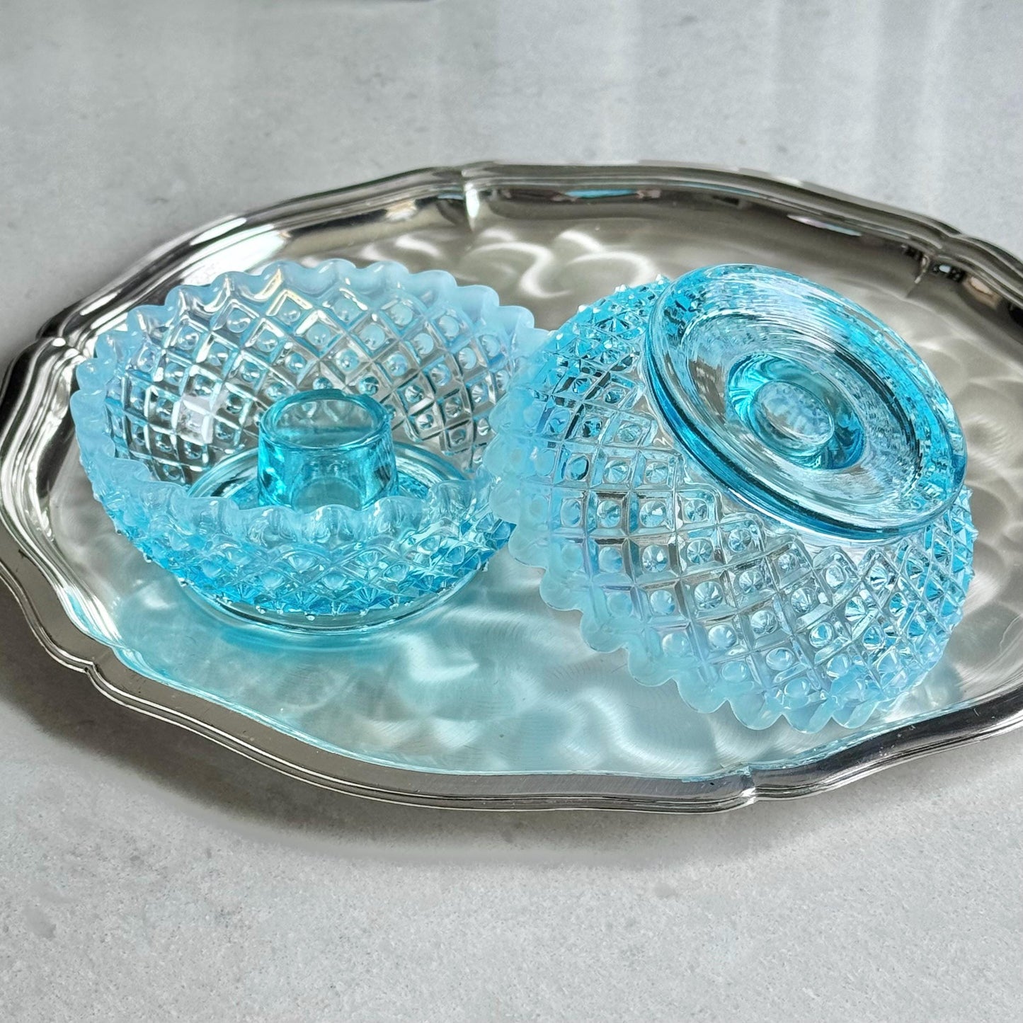 Vintage Fenton Diamond Lace Blue Opalescent Candle Holders (circa 1949 - 1954) - Set of 2
