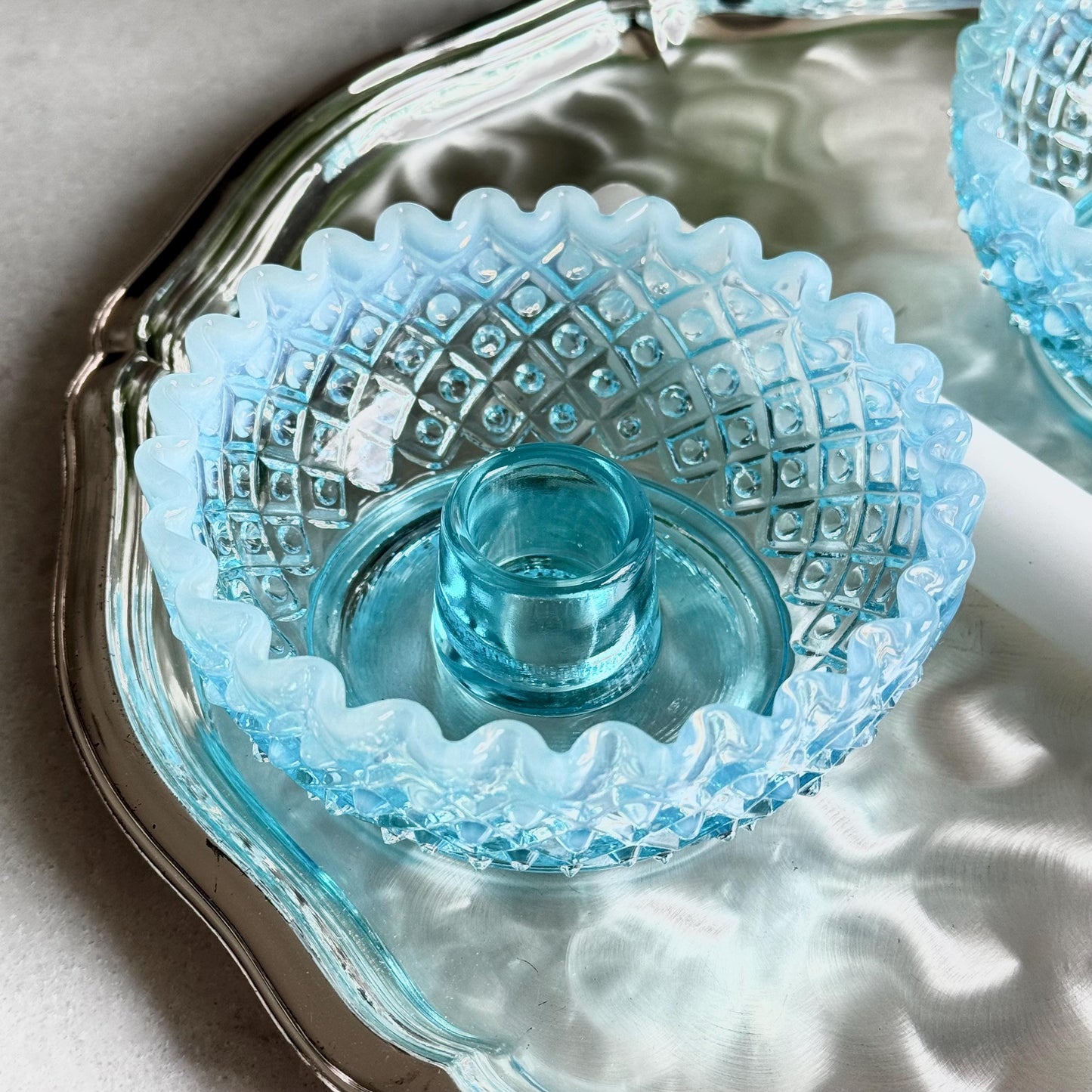 Vintage Fenton Diamond Lace Blue Opalescent Candle Holders (circa 1949 - 1954) - Set of 2