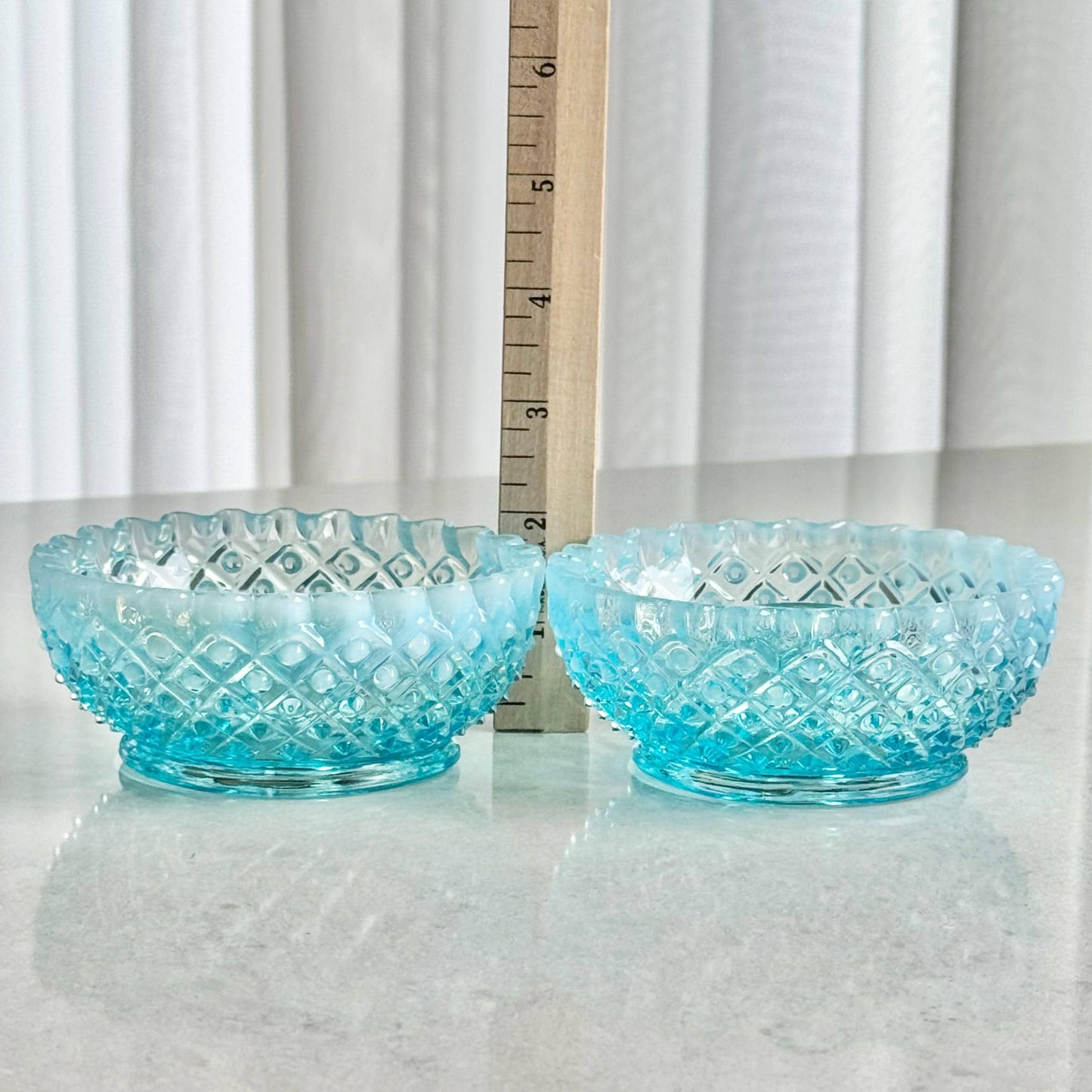 Vintage Fenton Diamond Lace Blue Opalescent Candle Holders (circa 1949 - 1954) - Set of 2
