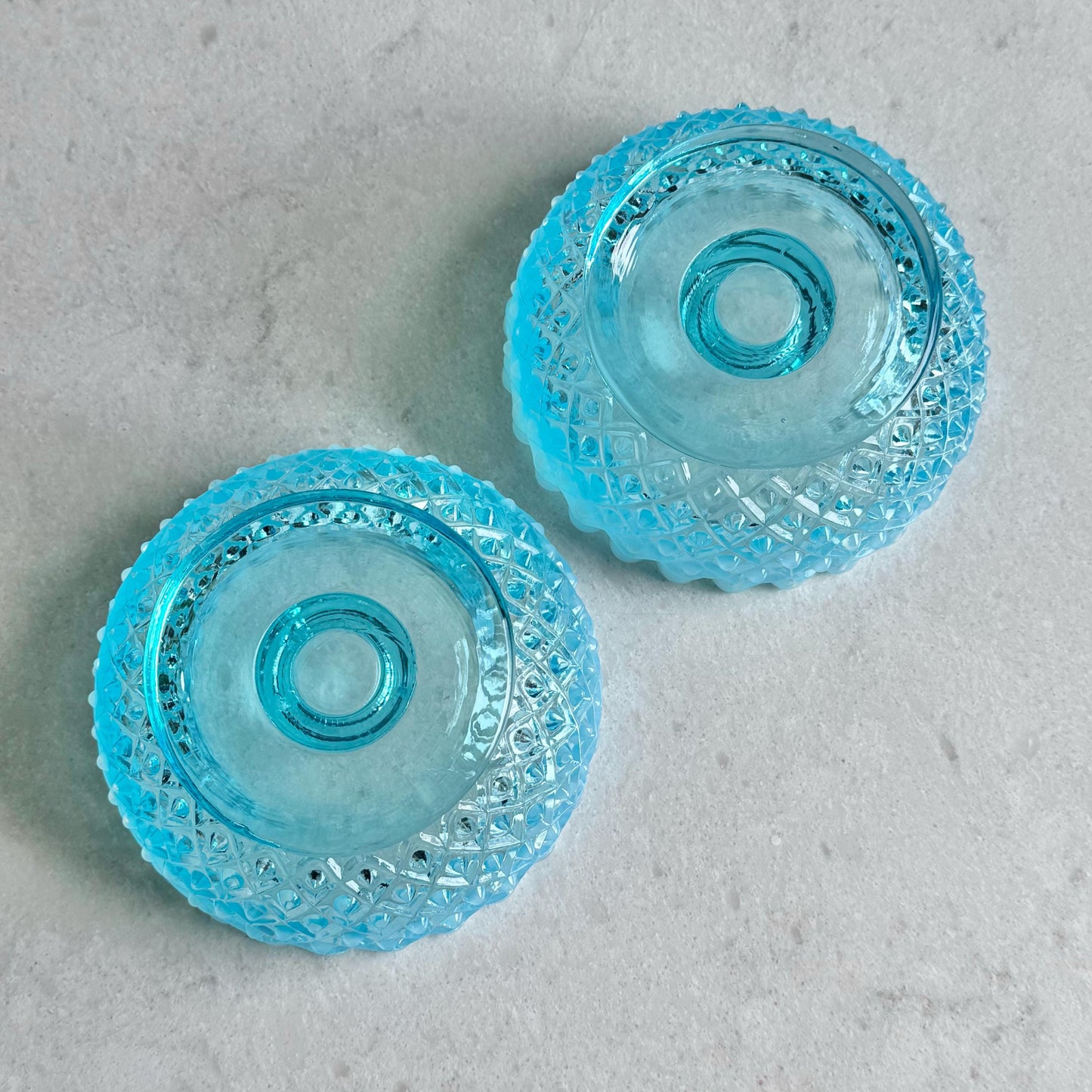Vintage Fenton Diamond Lace Blue Opalescent Candle Holders (circa 1949 - 1954) - Set of 2